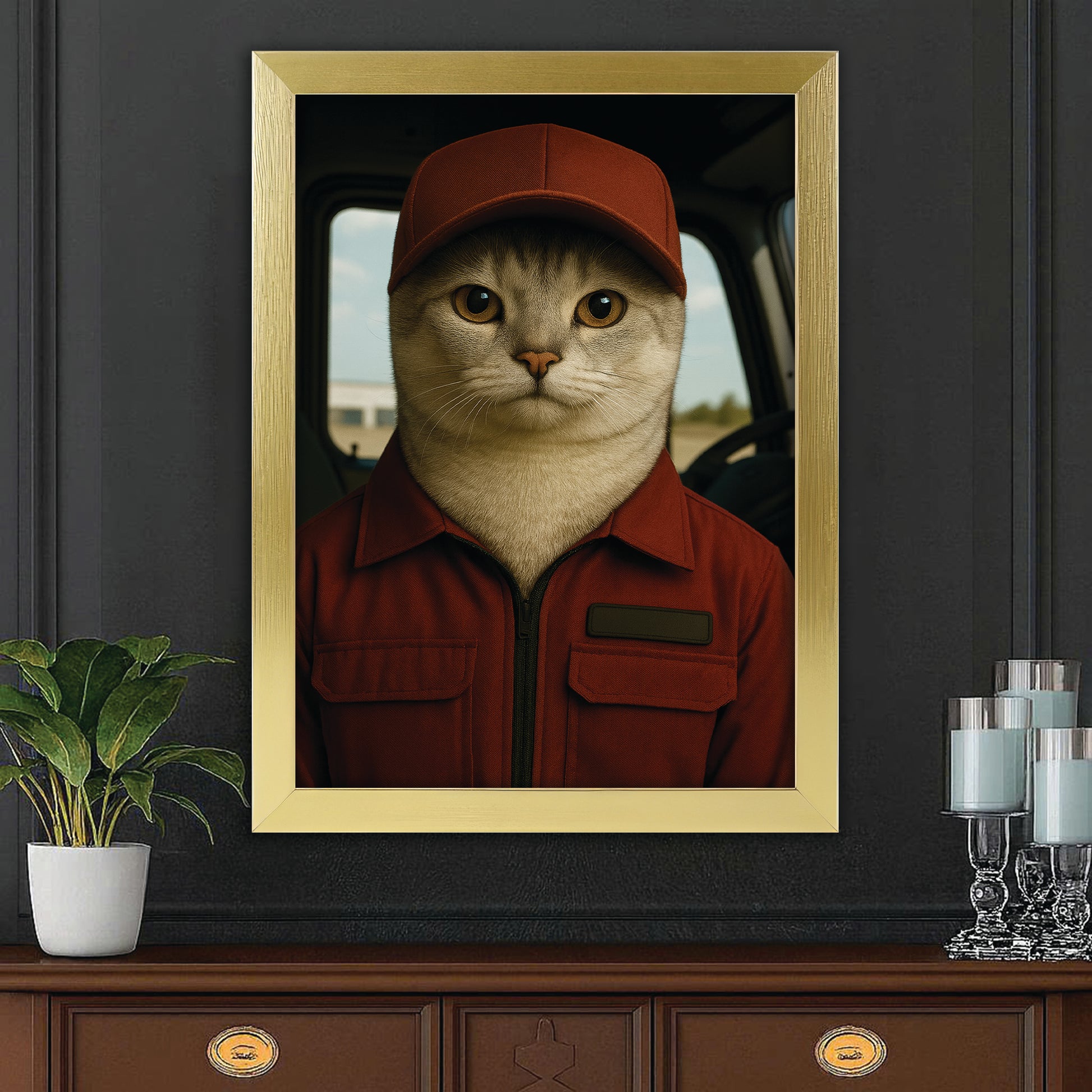 Custom Photo Trucker Driver Cat Canvas Framed Wall Art Gift For Cat Lovers