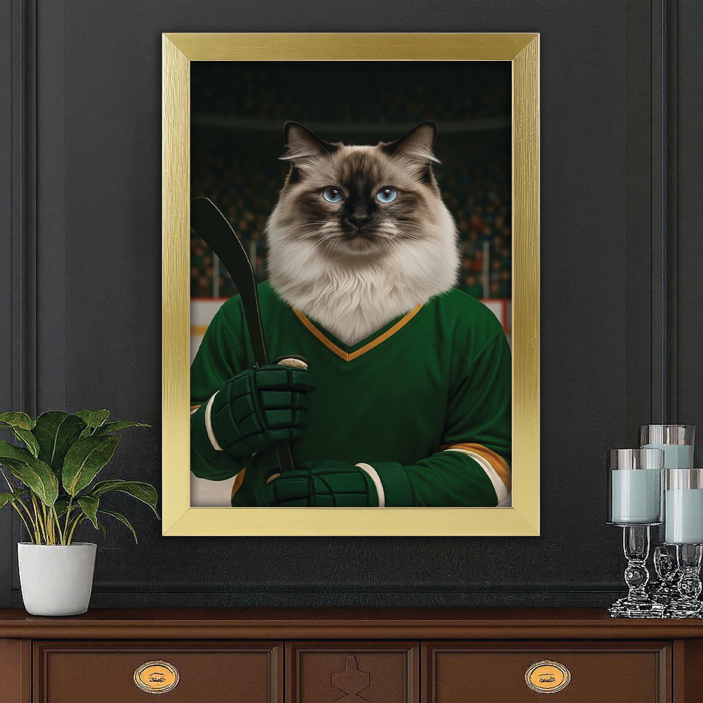 Custom Photo Hockey Player Cat Canvas Framed Wall Art  Gift For Cat Lovers
