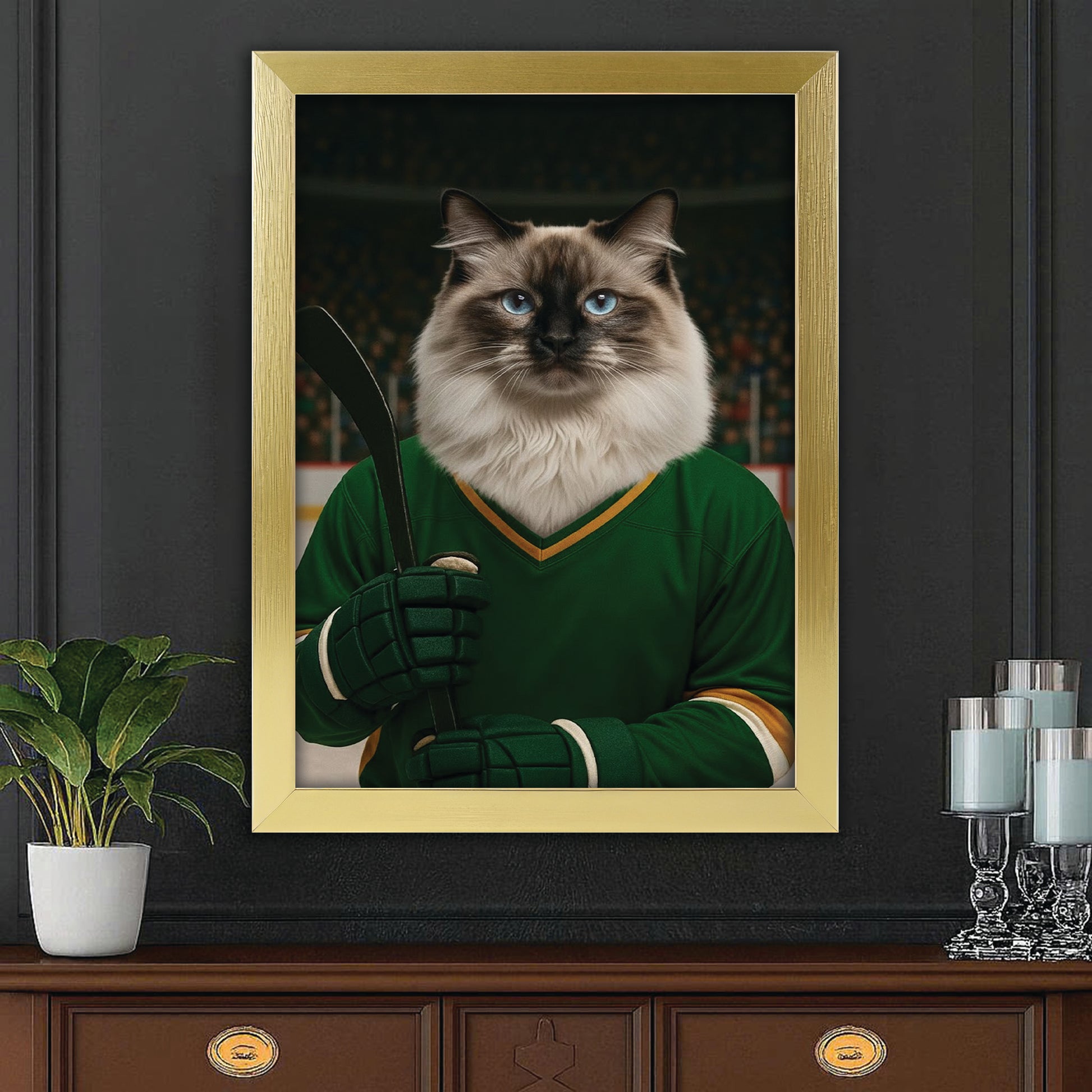 Custom Photo Hockey Player Cat Canvas Framed Wall Art  Gift For Cat Lovers
