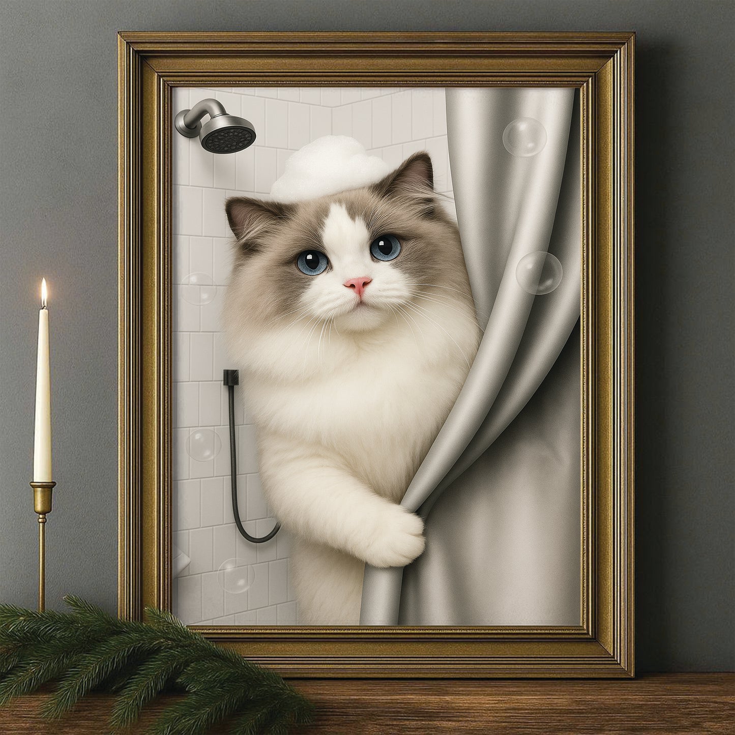 Custom Cat Photo Cat  In Bathroom Canvas Framed Wall Art Gift For Cat Lovers