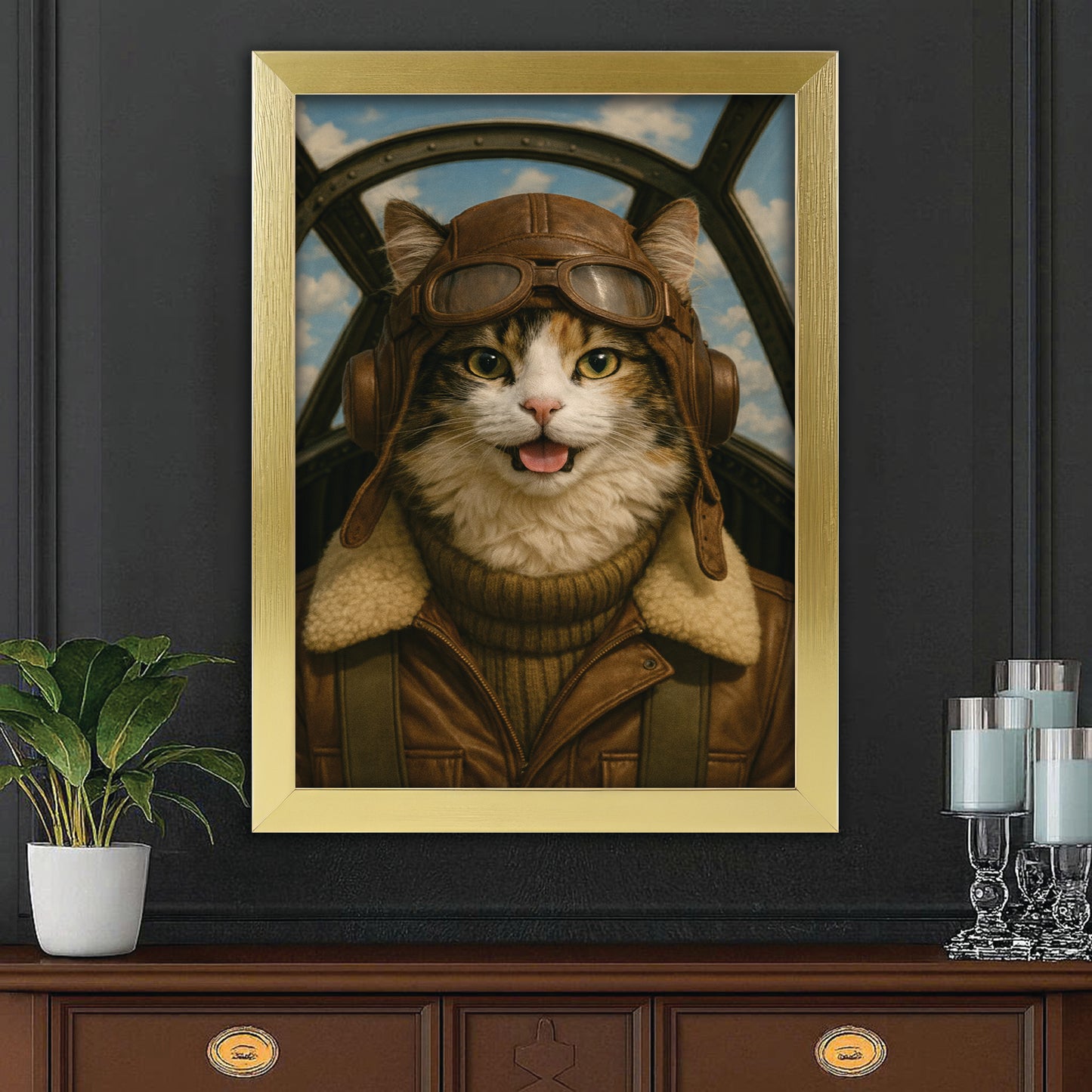 Custom Photo Pilot Cat Canvas Framed Wall Art Gift For Cat Lover