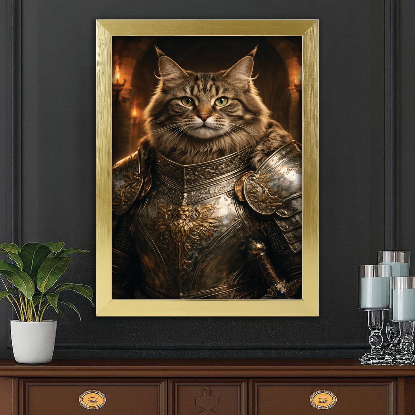 Custom Photo Knight Royal Cat Canvas Framed Wall Art Gift For Cat Lovers