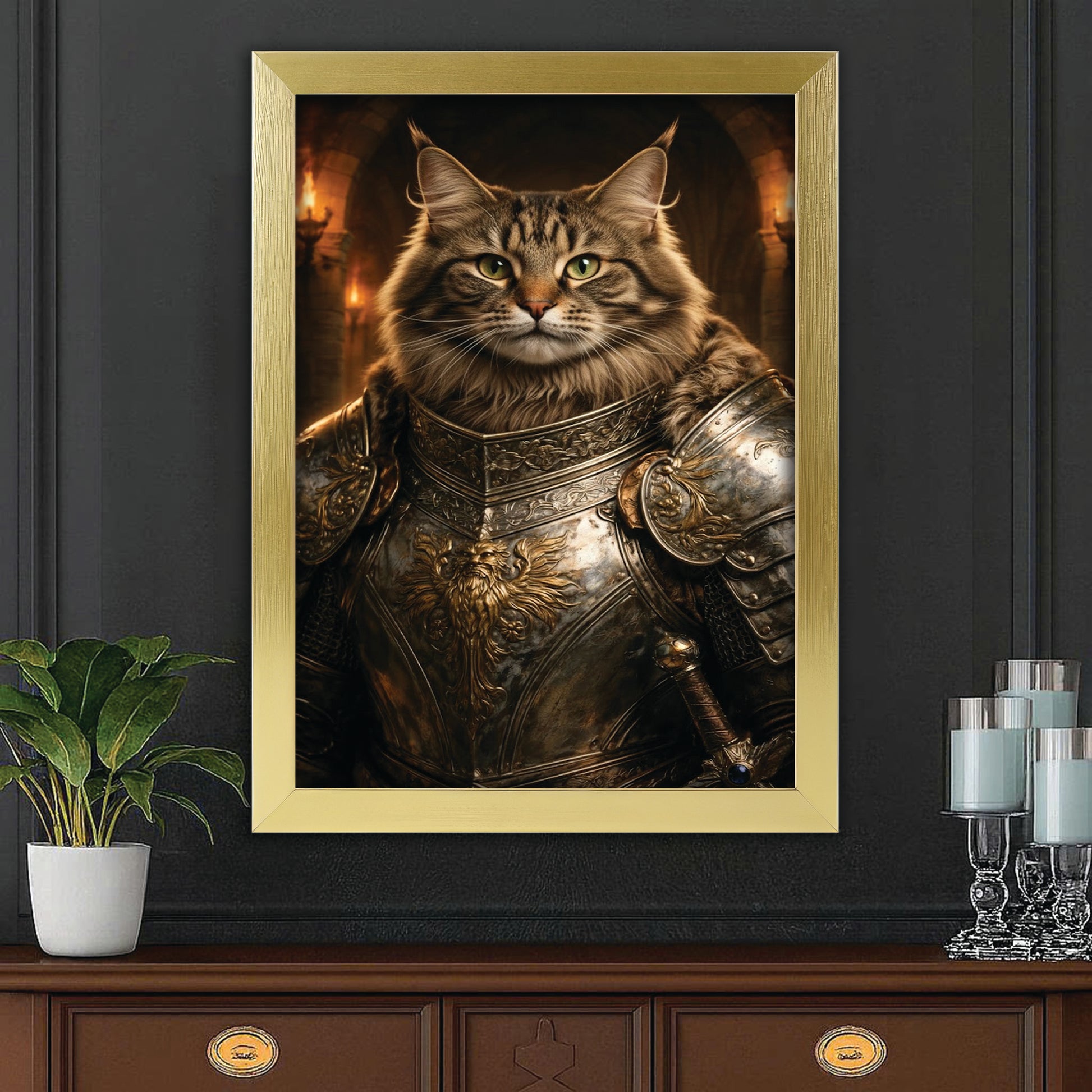 Custom Photo Knight Royal Cat Canvas Framed Wall Art Gift For Cat Lovers