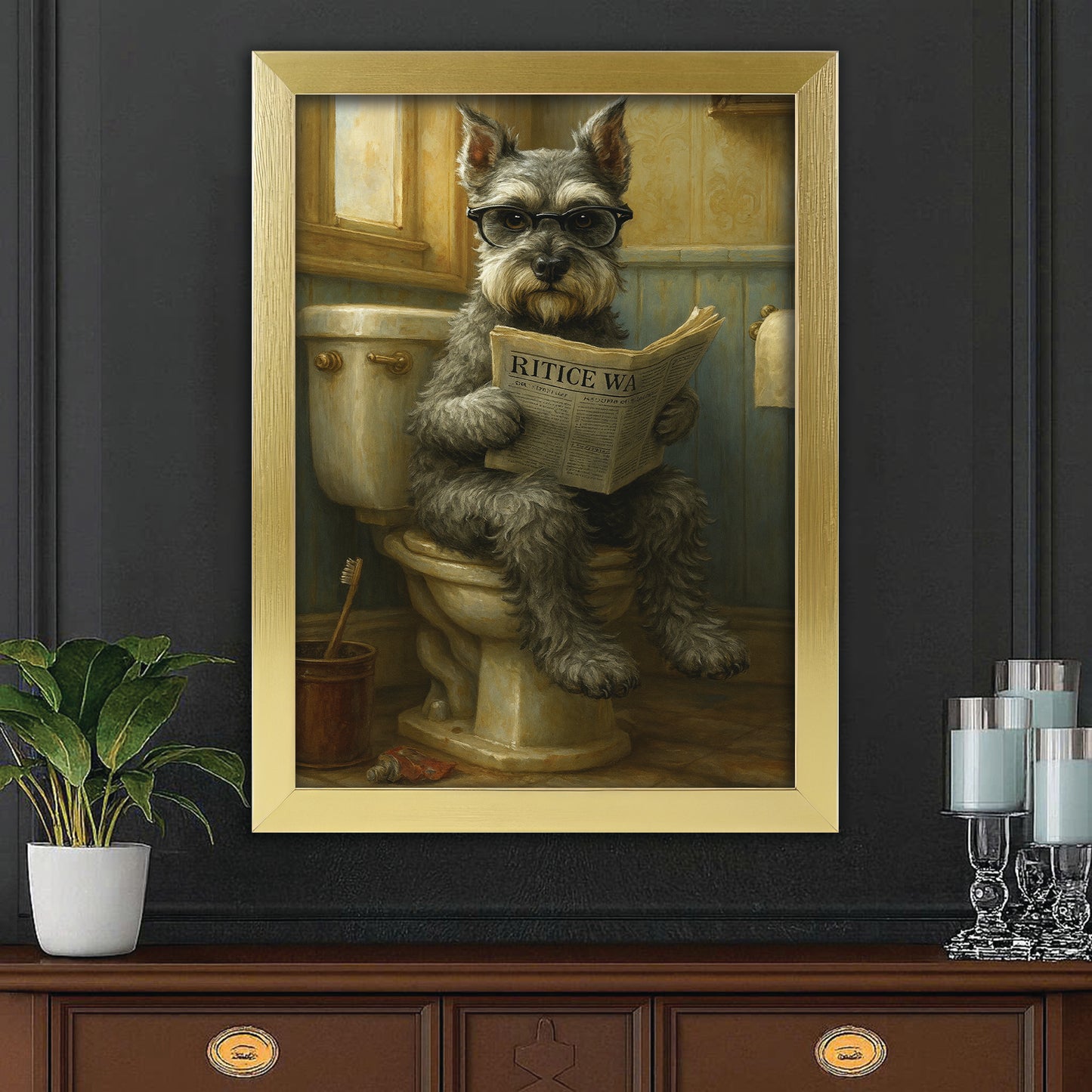 Custom Photo Dog In Bathroom Canvas Framed Wall Art Gift For Dog Lovers