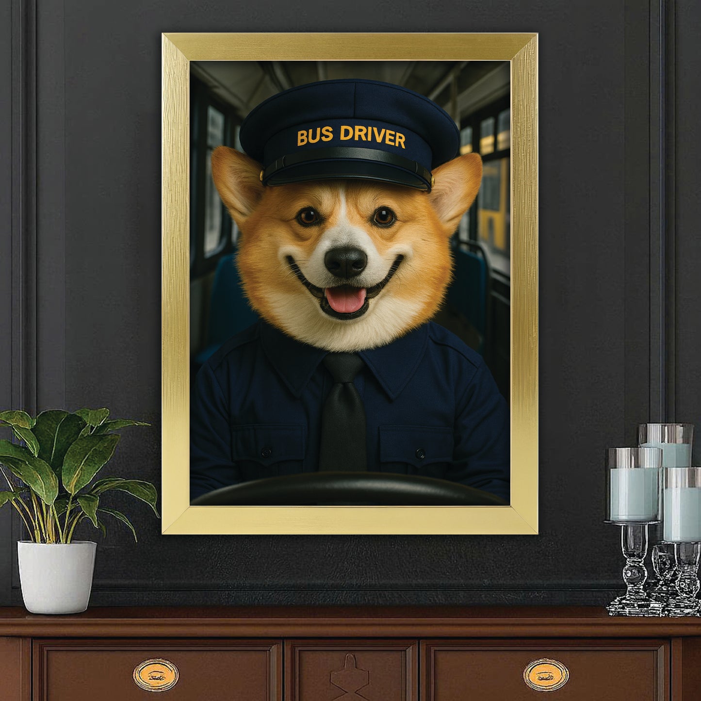 Custom Photo Bus Driver Dog Canvas Framed Wall Art Gift For Dog Lovers