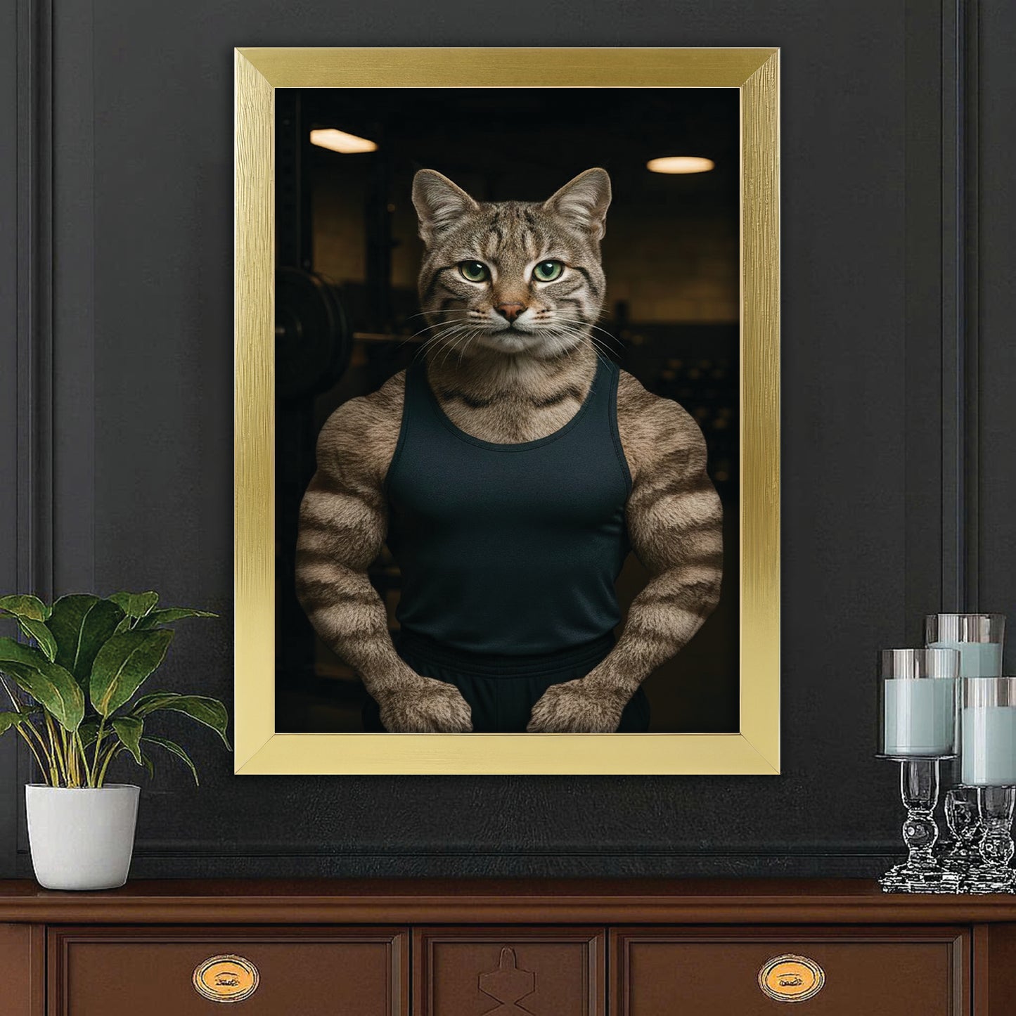 Custom Photo Body Builder Cat Canvas Framed Wall Art Gift For Cat Lovers
