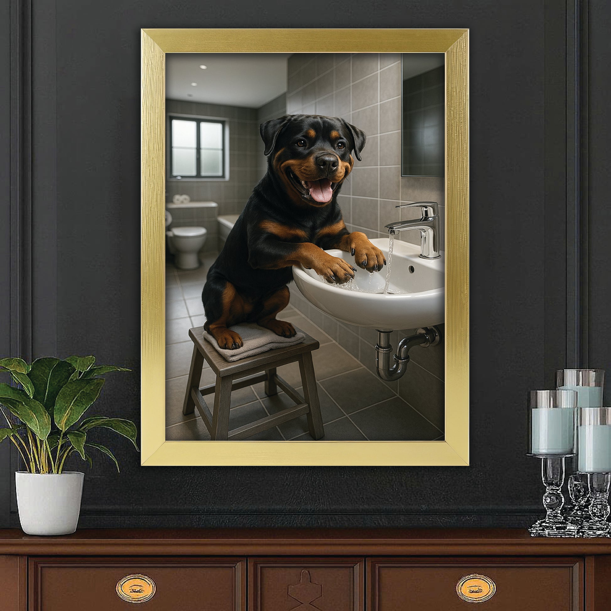 Custom Photo Dog In Bathroom Style 1 Canvas Framed Wall Art Gift For Dog Lovers