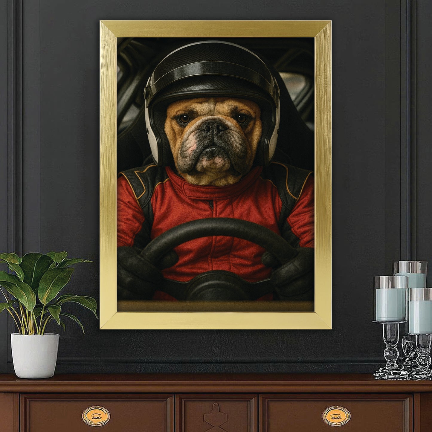 Custom Photo Racing Driver Dog Canvas Framed Wall Art Gift For Dog Lovers