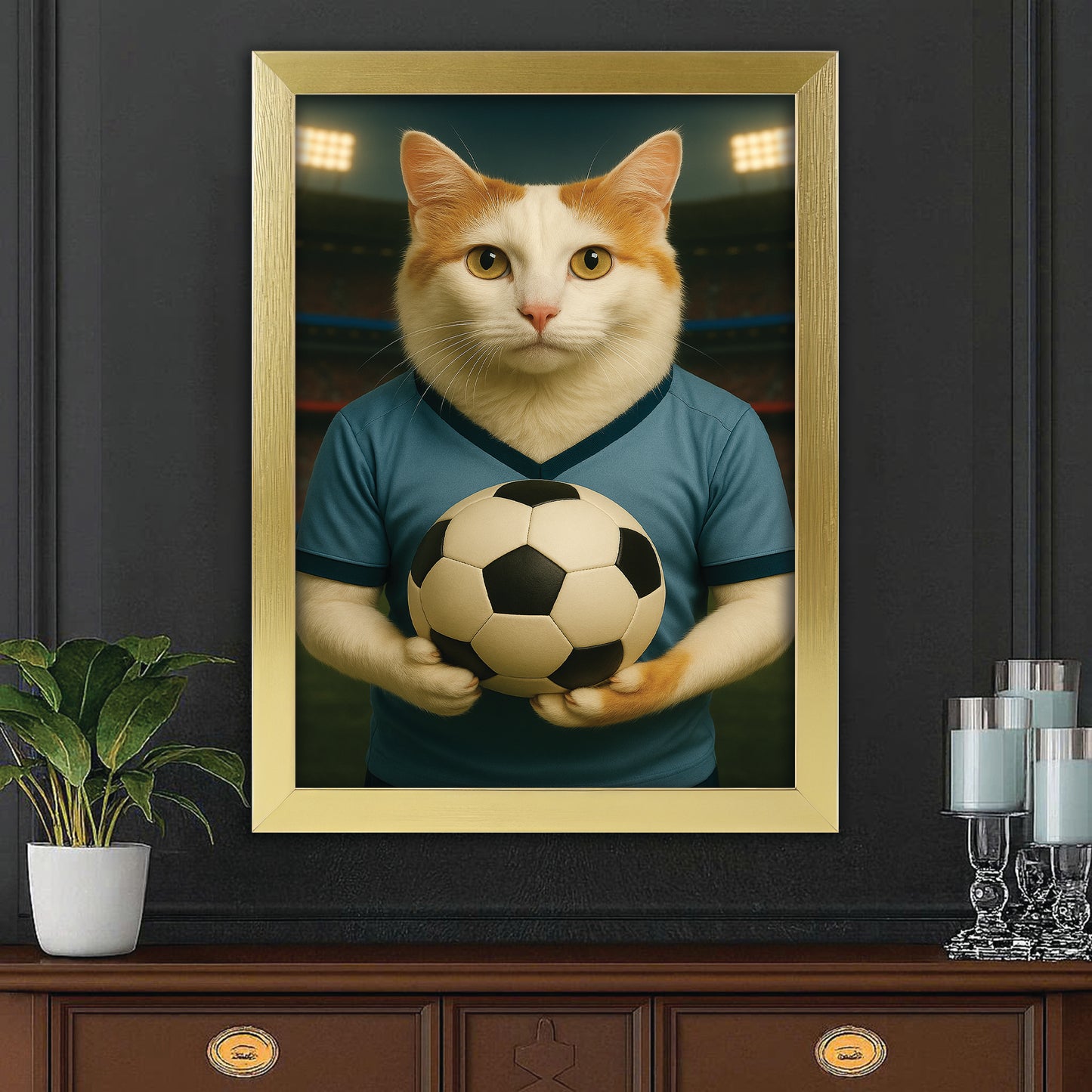 Custom Photo Soccer Cat Canvas Framed Wall Art Gift For Cat Lovers