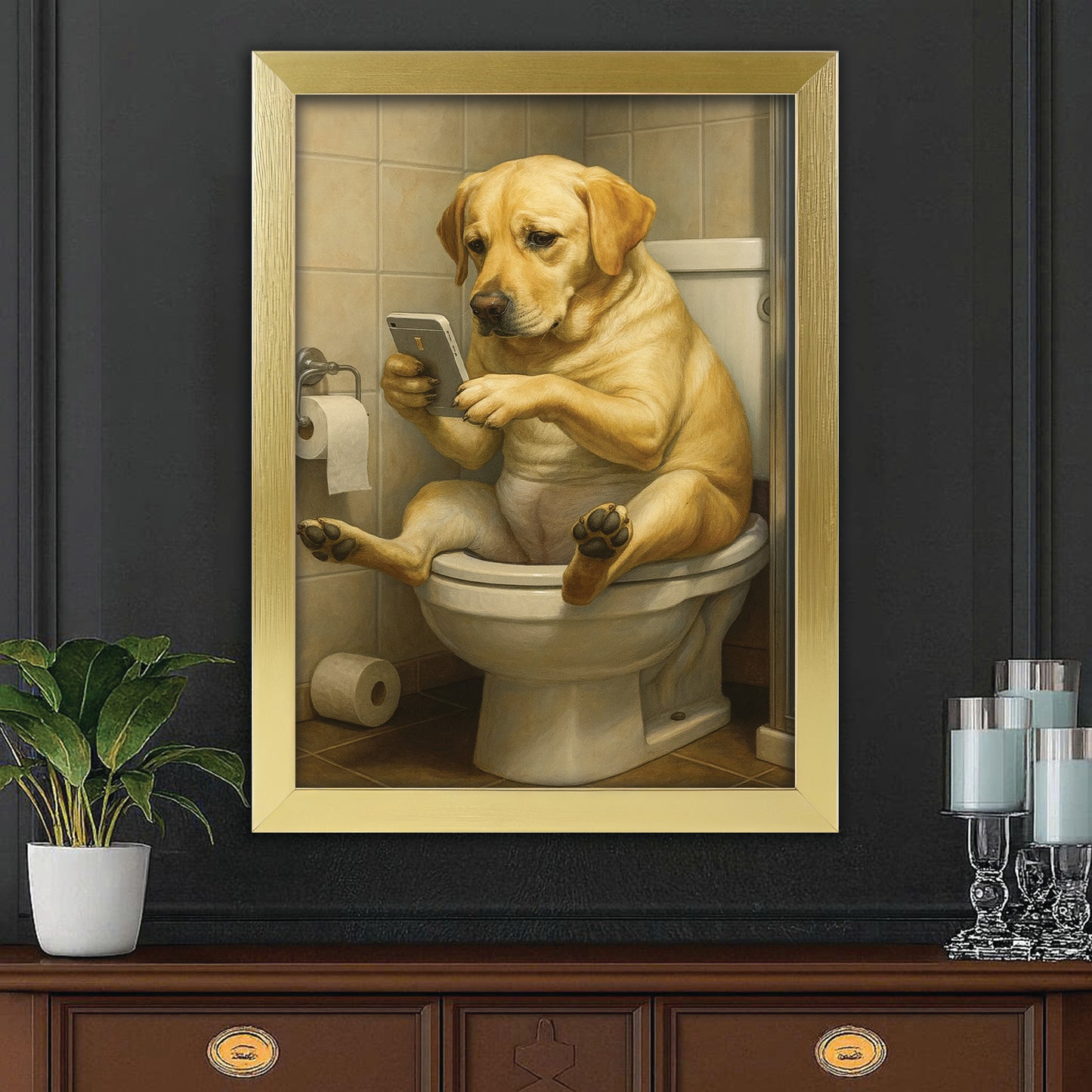 Custom Photo Dog Bathroom Style 3 Canvas Framed Wall Art Gift For Dog Lovers