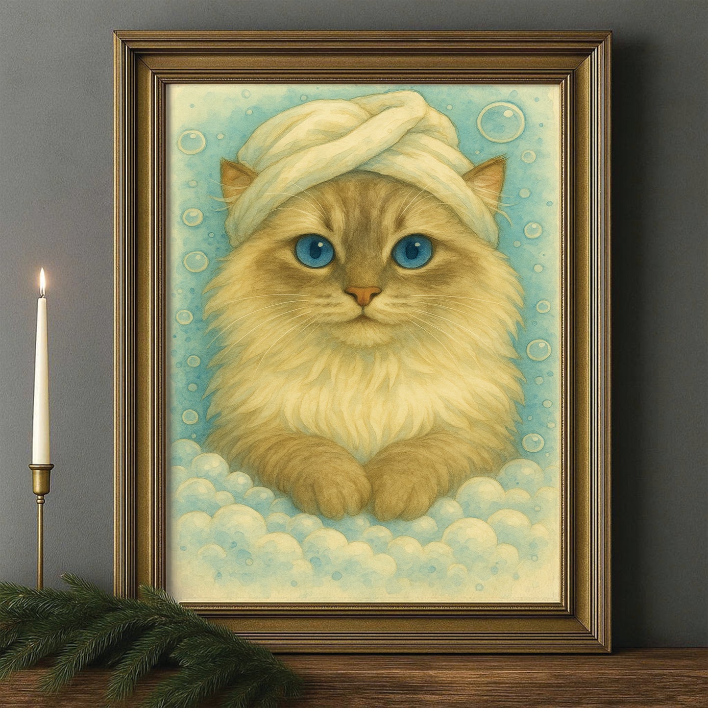 Custom Cat Potrait In Bathroom Canvas Framed Wall Art