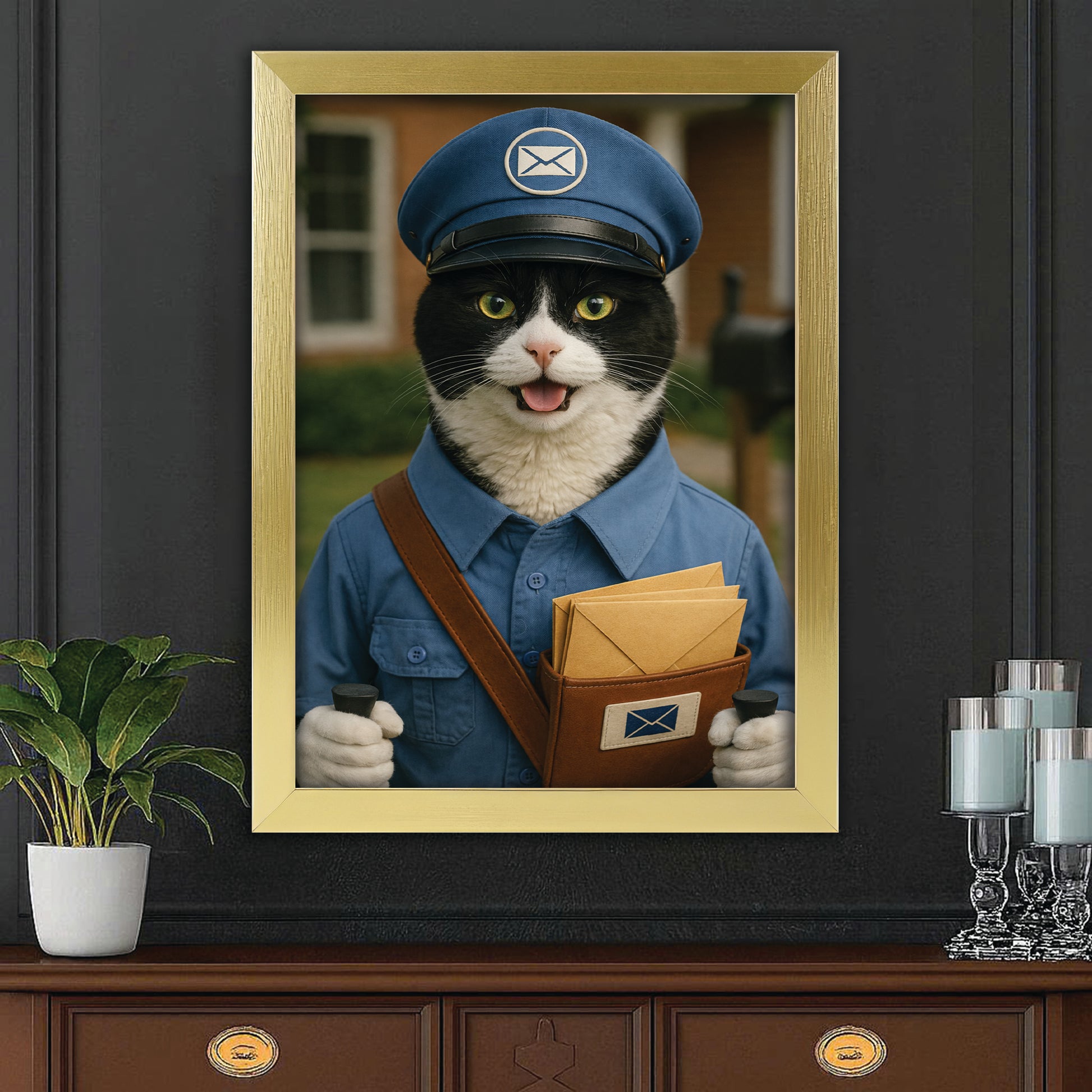Custom Photo Mail Carrier Cat Canvas Framed Wall Art Gift For Cat Lovers