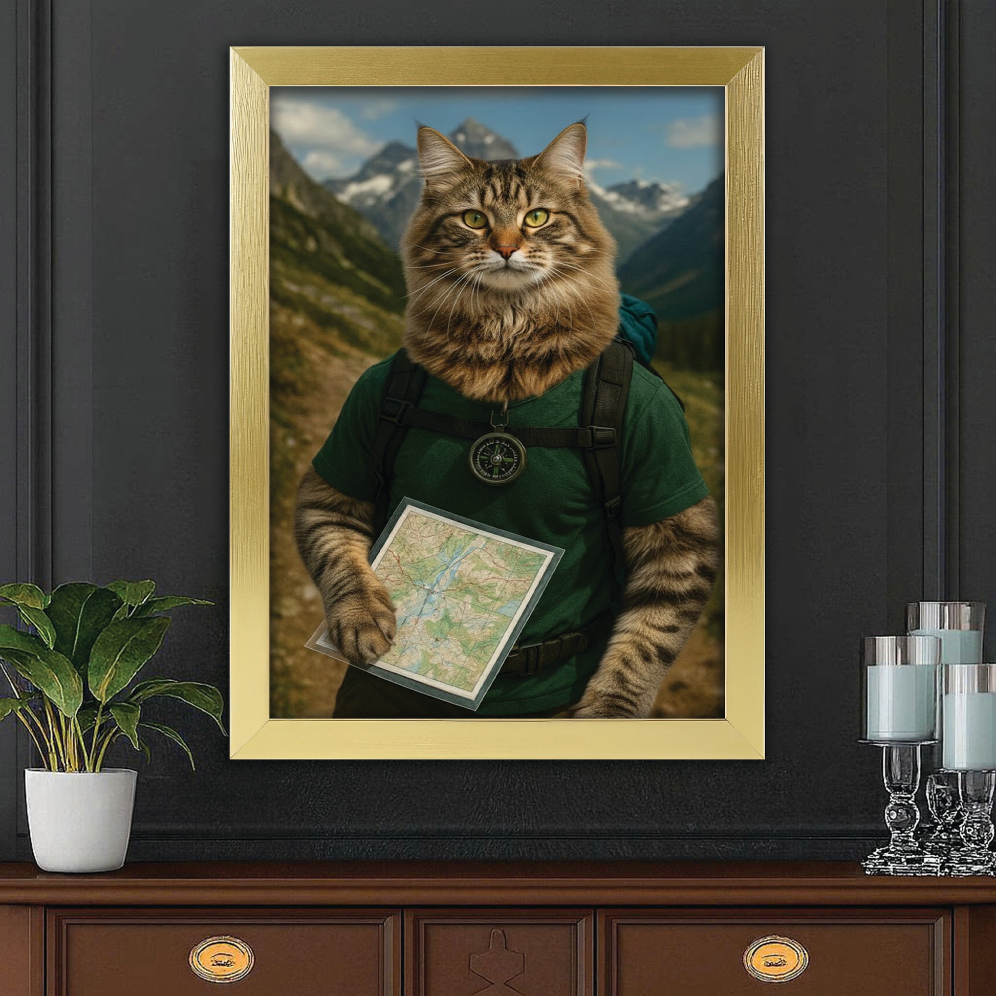 Custom Photo Explorer Hiking Cat Canvas Framed Wall Art  Gift For Cat Lovers