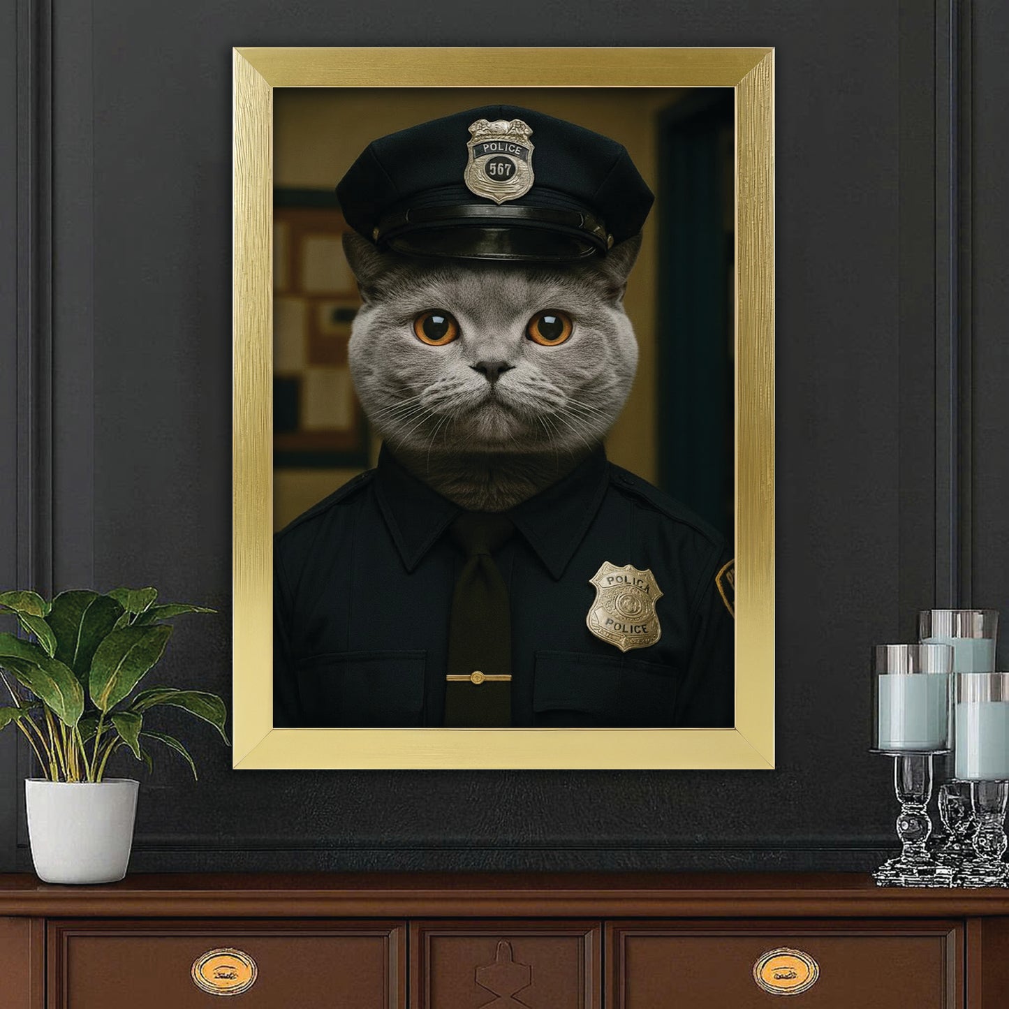 Custom Photo Police Cat Canvas Framed Wall Art  Gift For Cat Lovers