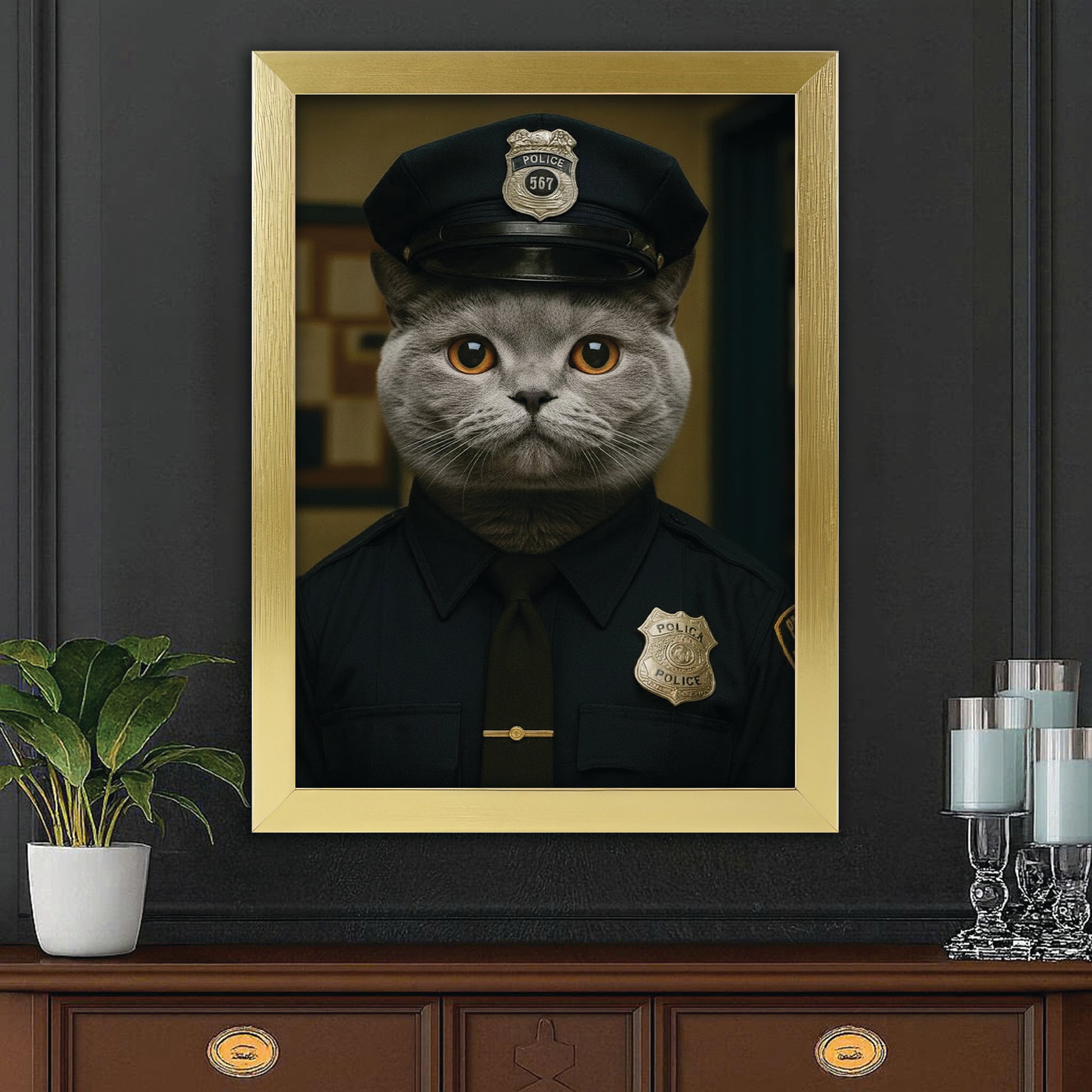 Custom Photo Police Cat Canvas Framed Wall Art  Gift For Cat Lovers