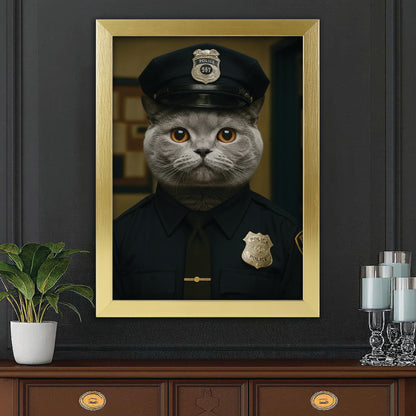 Custom Photo Police Cat Canvas Framed Wall Art  Gift For Cat Lovers