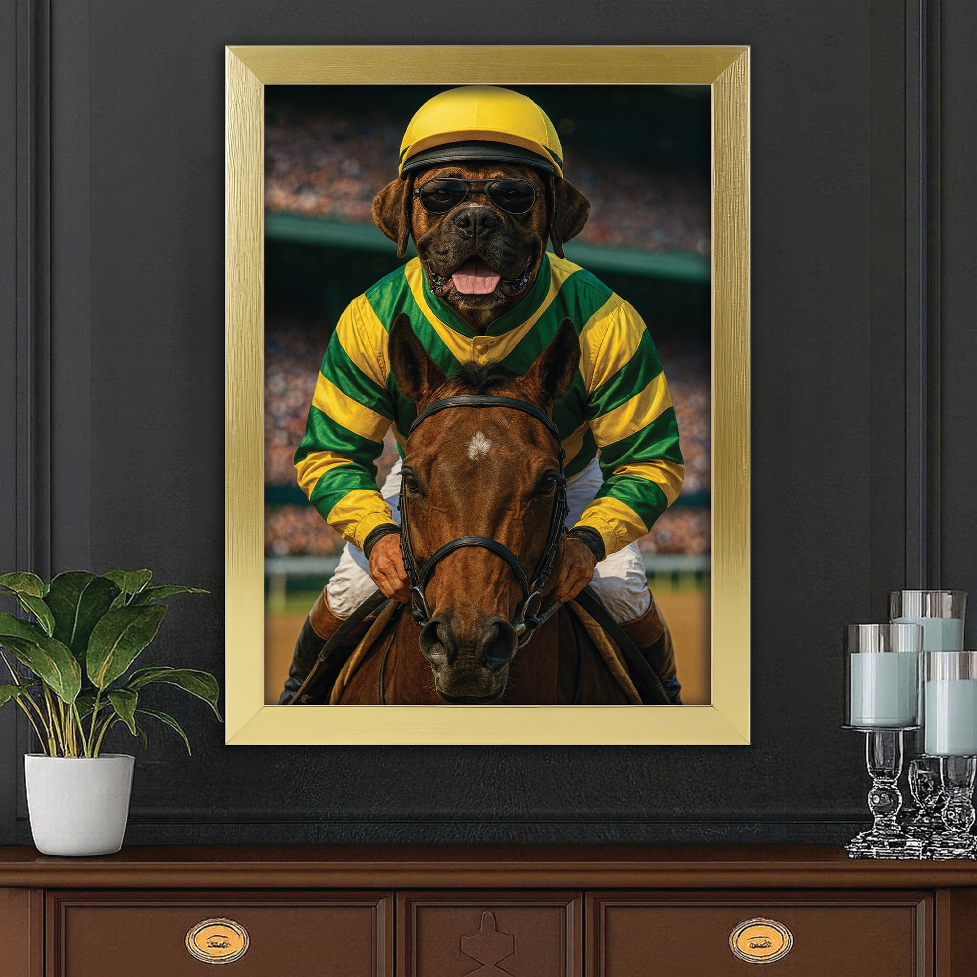 Custom Photo Jockey Horse Racing Dog Canvas Framed Wall Art Gift For Dog Lovers