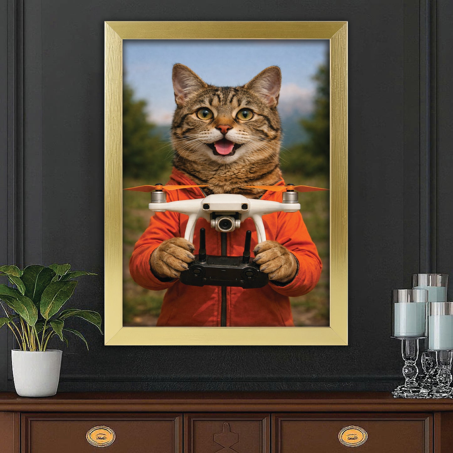 Custom Photo Drone Pilot Cat Canvas Framed Wall Art  Gift For Cat Lovers