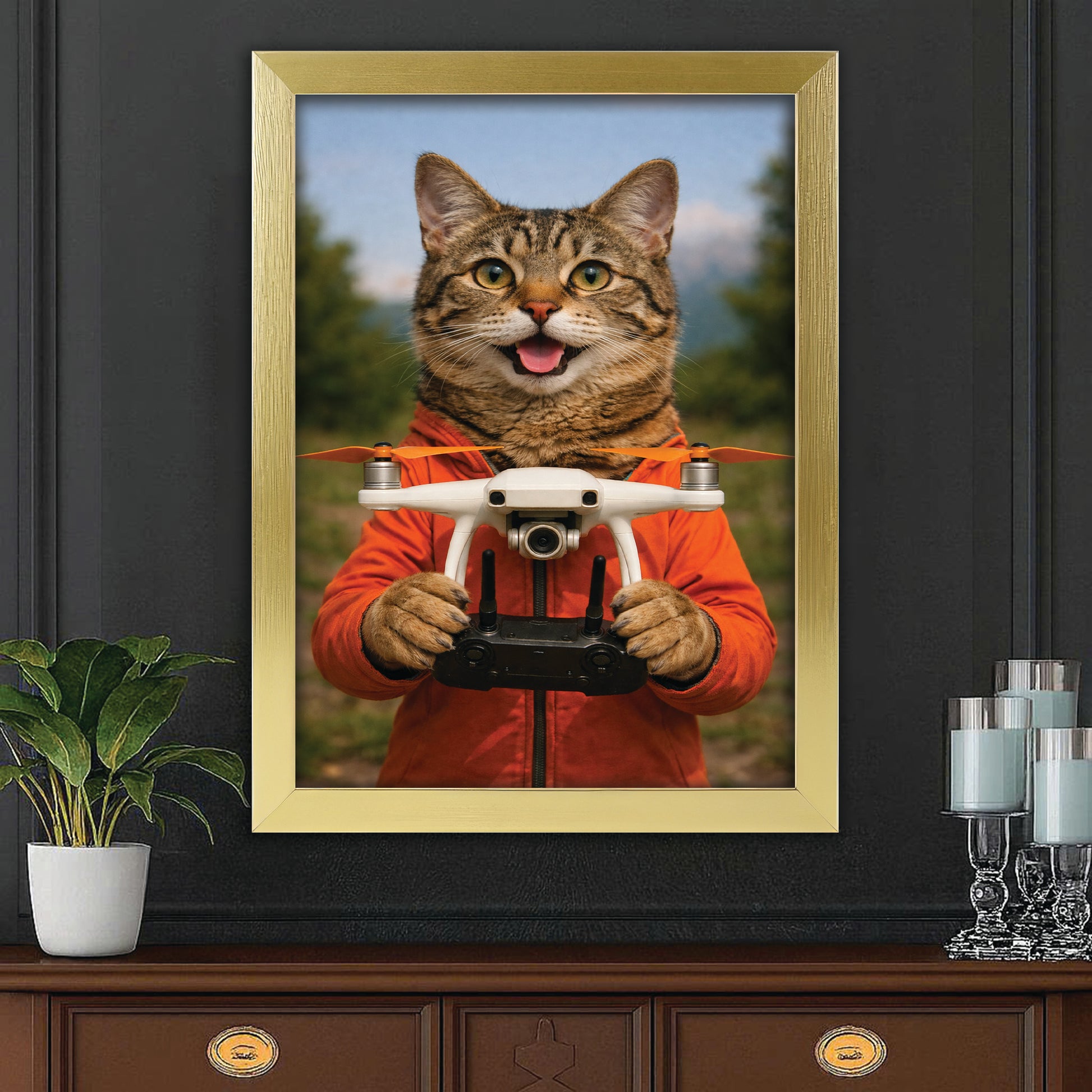 Custom Photo Drone Pilot Cat Canvas Framed Wall Art  Gift For Cat Lovers