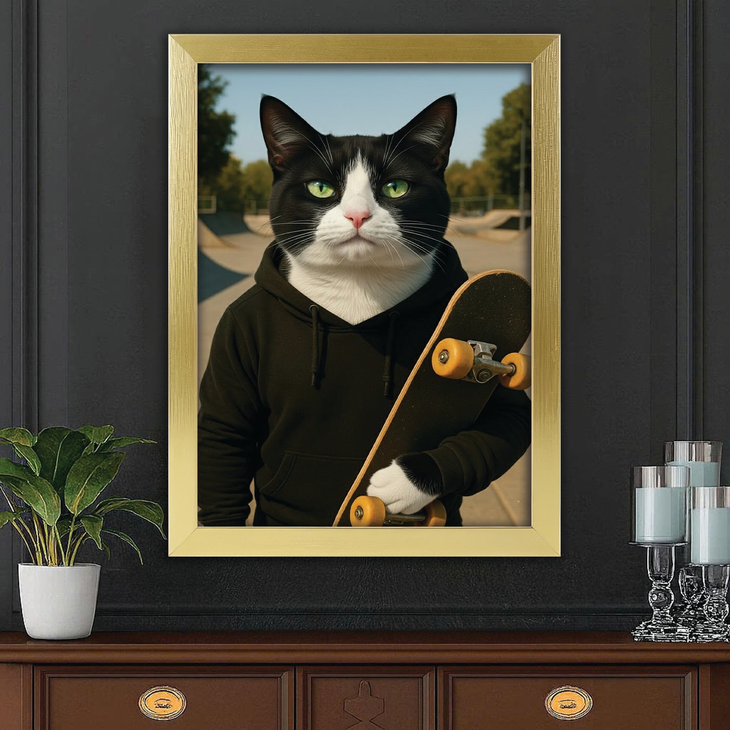 Custom Photo Skater Skateboard Canvas Framed Wall Art Gift For Cat Lovers