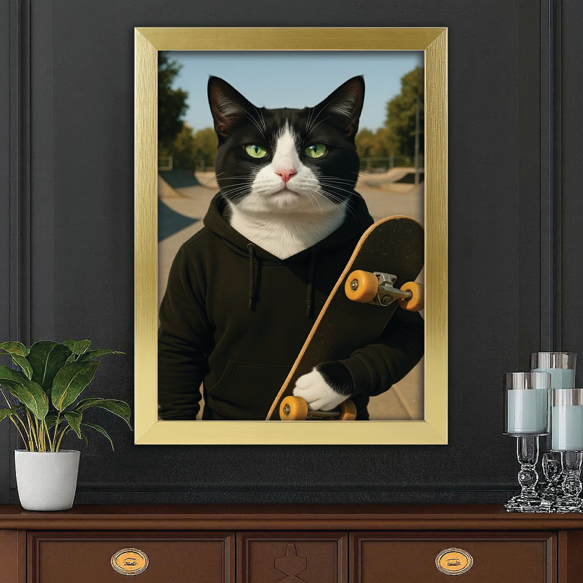 Custom Photo Skater Skateboard Canvas Framed Wall Art Gift For Cat Lovers