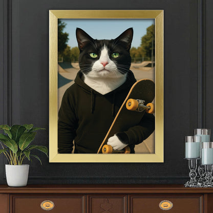 Custom Photo Skater Skateboard Canvas Framed Wall Art Gift For Cat Lovers