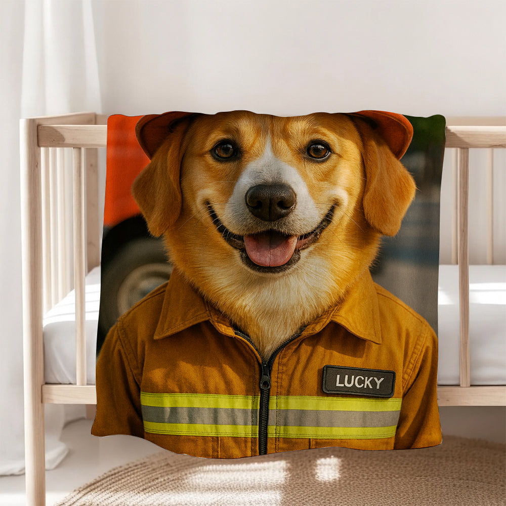 Custom Photo Fire Fighter Dog BlanketGift For Dog Lovers