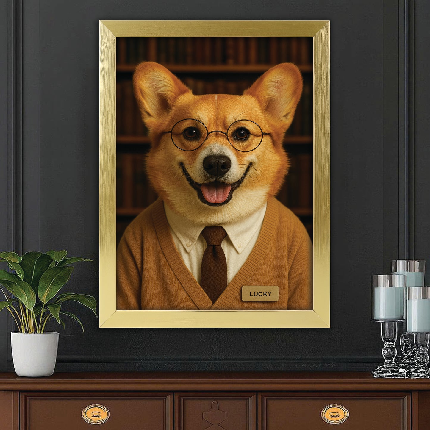 Custom Photo Librarian Book Lover Dog Canvas Framed Wall Art Gift For Dog Lovers