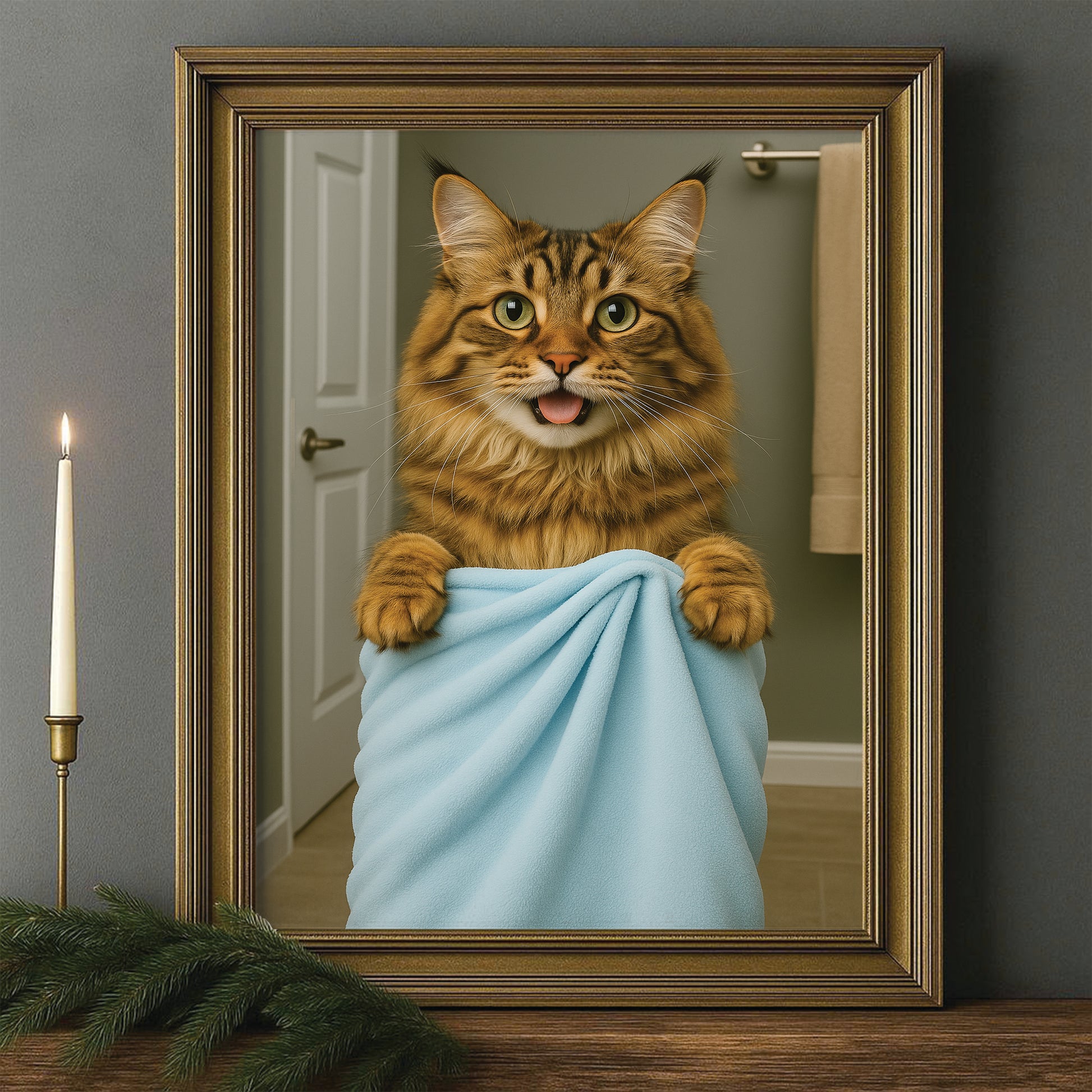 Custom Cat Photo In Bathroom Canvas Framed Wall Art Cat Lover Gifts