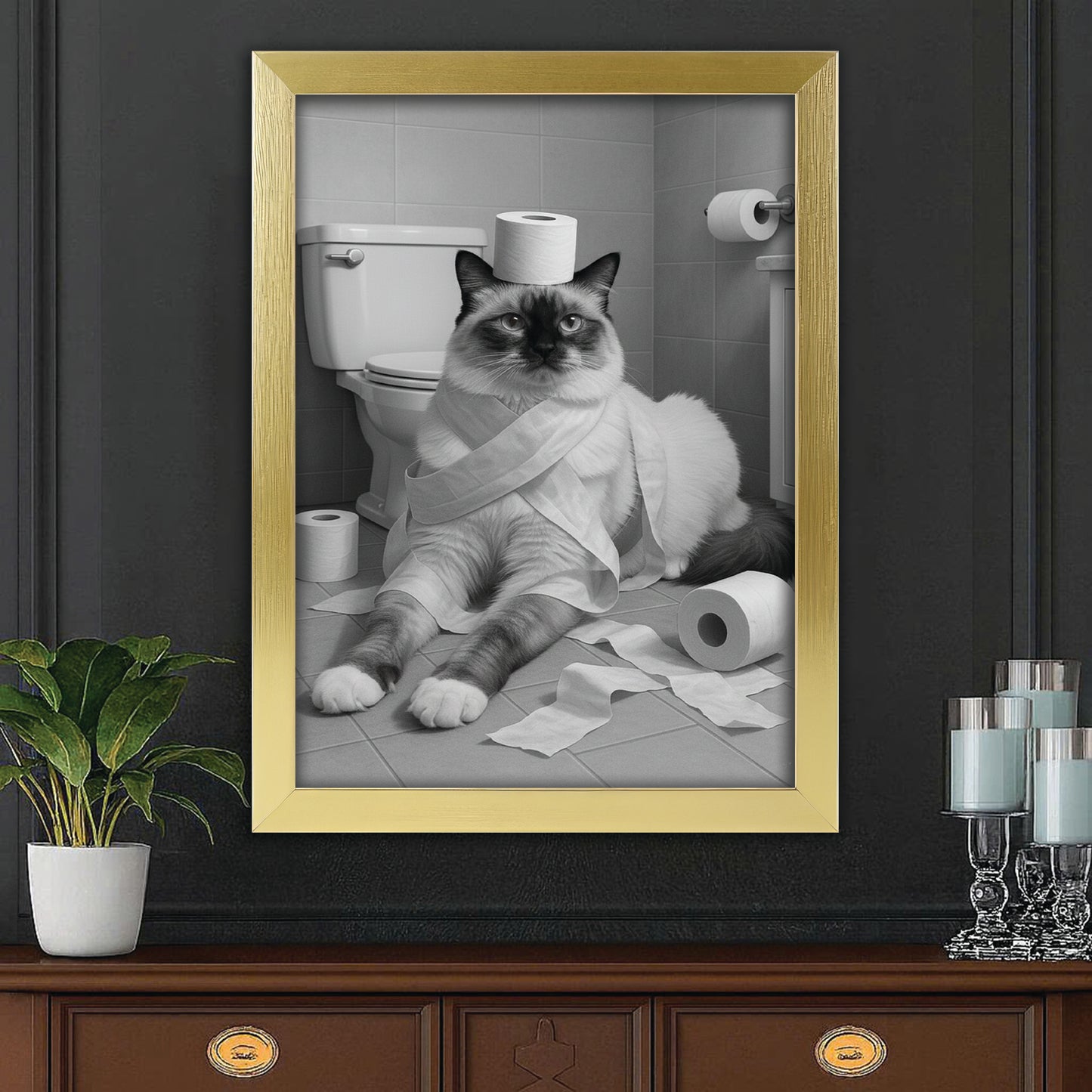Custom Photo Cat Bathroom Style 16 Canvas Framed Wall Art Gift For Cat Lovers