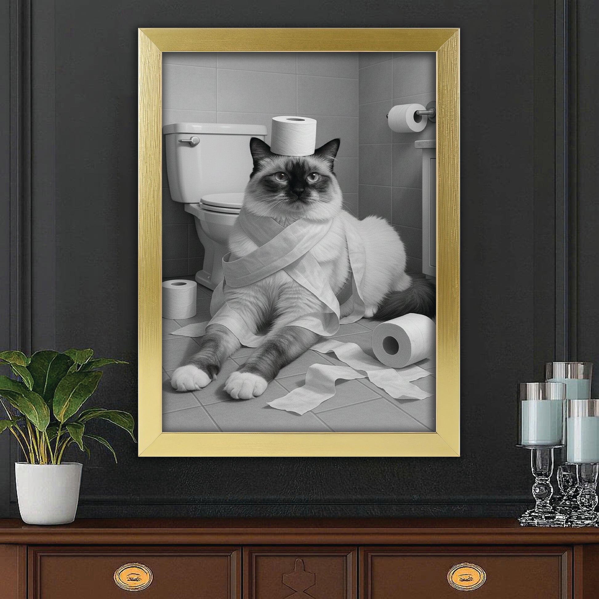 Custom Photo Cat Bathroom Style 16 Canvas Framed Wall Art Gift For Cat Lovers