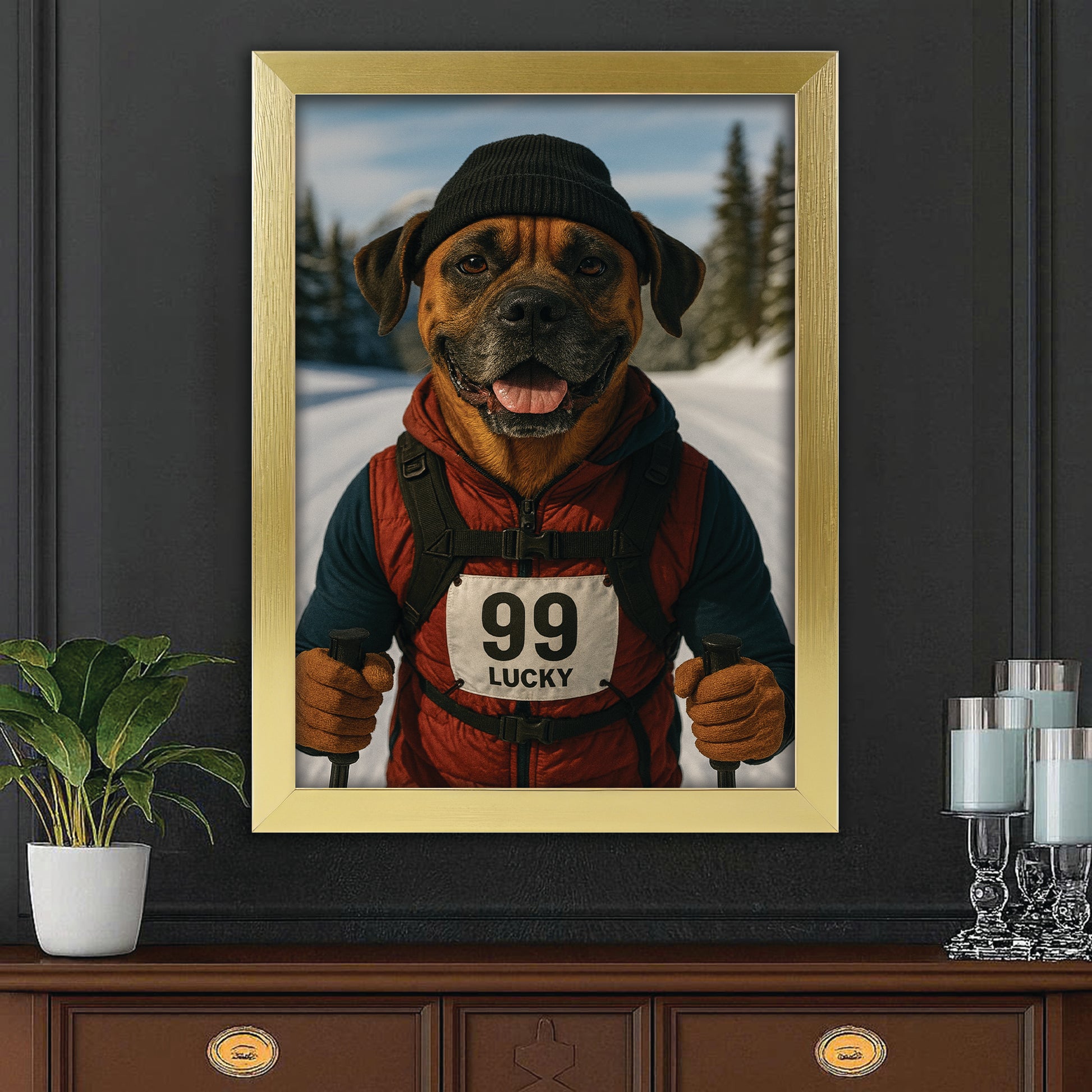 Custom Photo Cross Country Ski Dog Canvas Framed Wall Art Gift For Dog Lovers