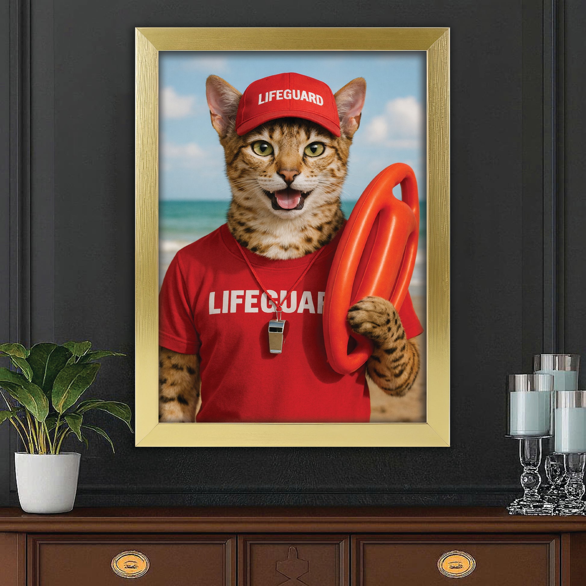 Custom Photo Lifeguard Cat Canvas Framed Wall Art Gift For Cat Lovers