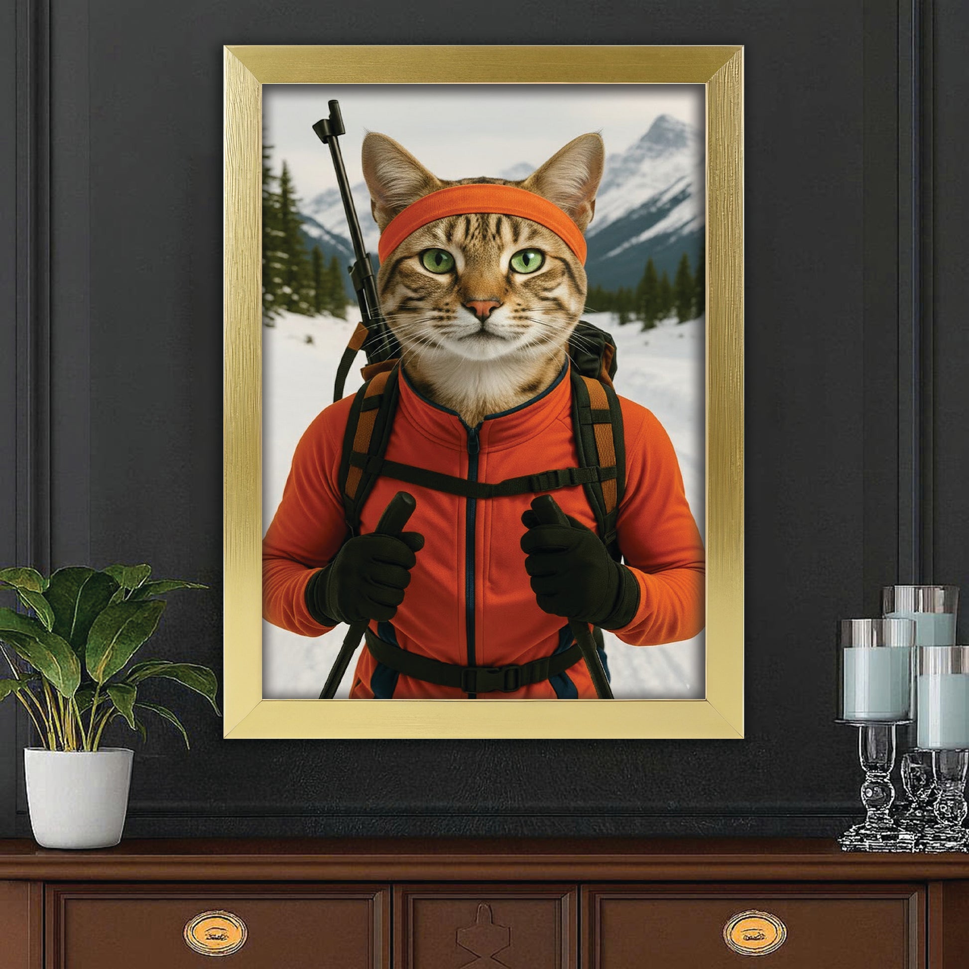 Custom Photo Biathlete Cross Country Skiing Cat Canvas Framed Wall Art Gift For Cat Lovers