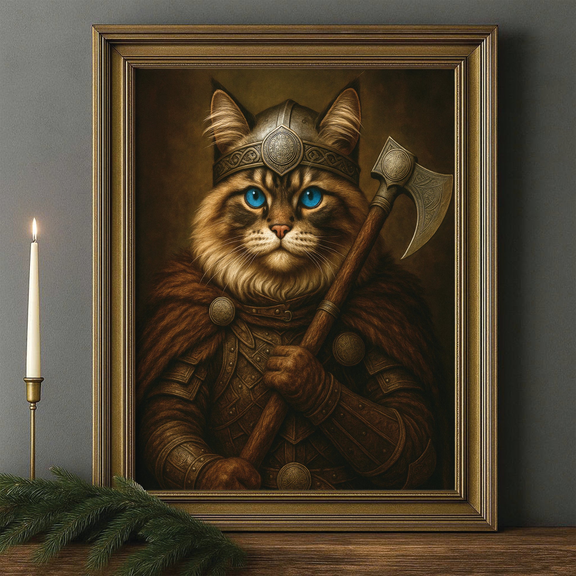 Custom Cat Photo Viking Warrior Canvas Framed Wall Art _ Gift For Cat