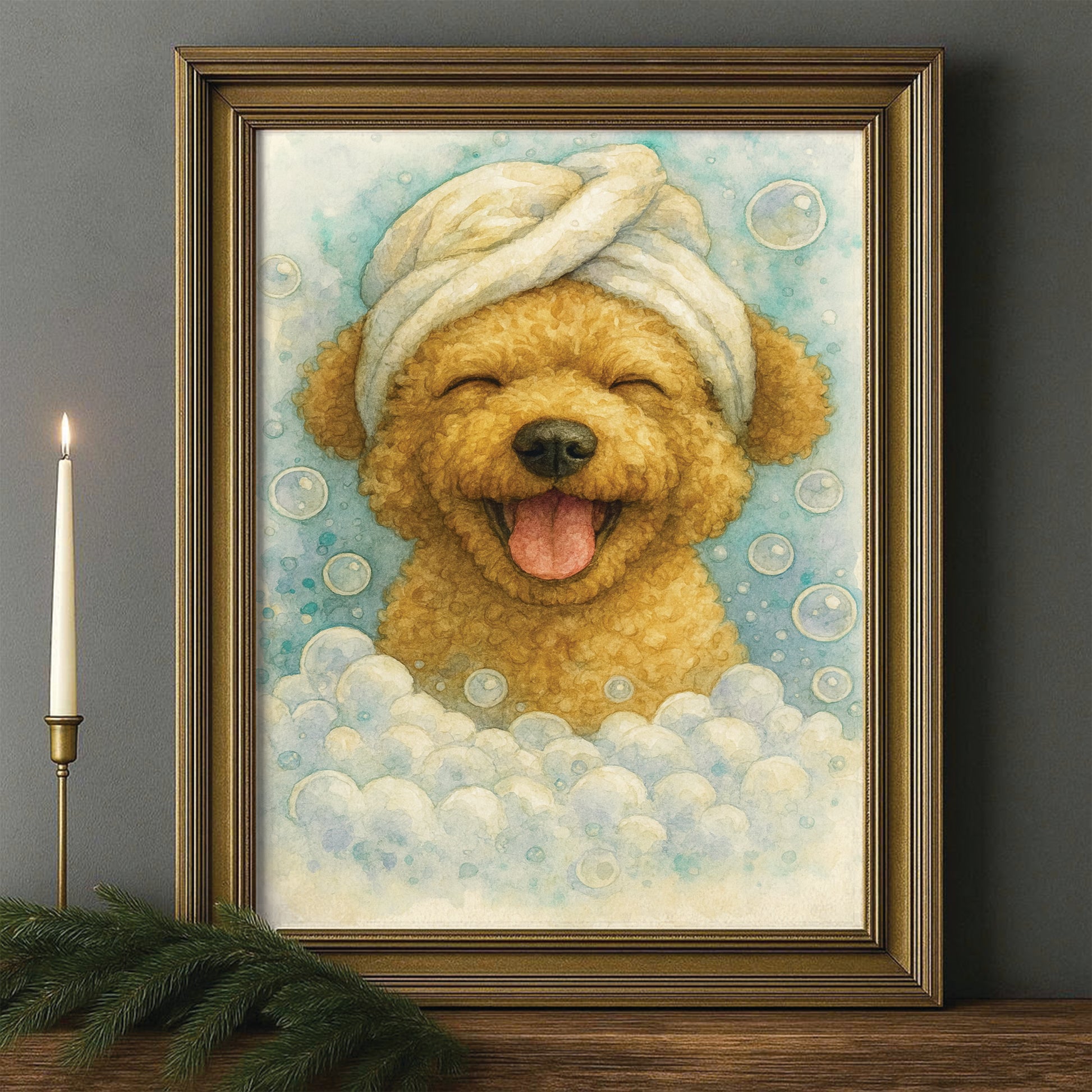 Custom Dog Potrait In Bathroom Canvas Framed Wall Art