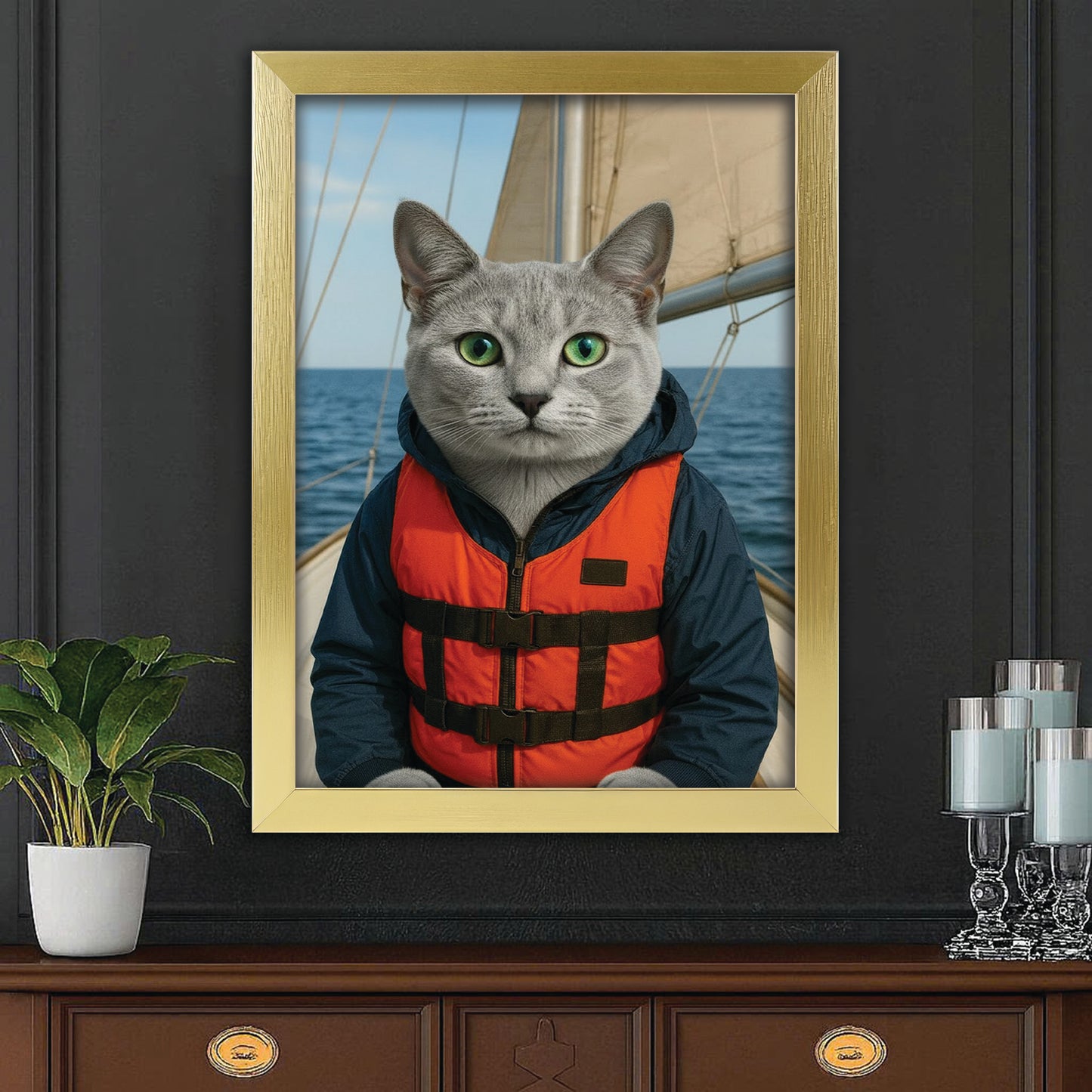 Custom Photo Sailor Cat Canvas Framed Wall Art Gift For Cat Lovers