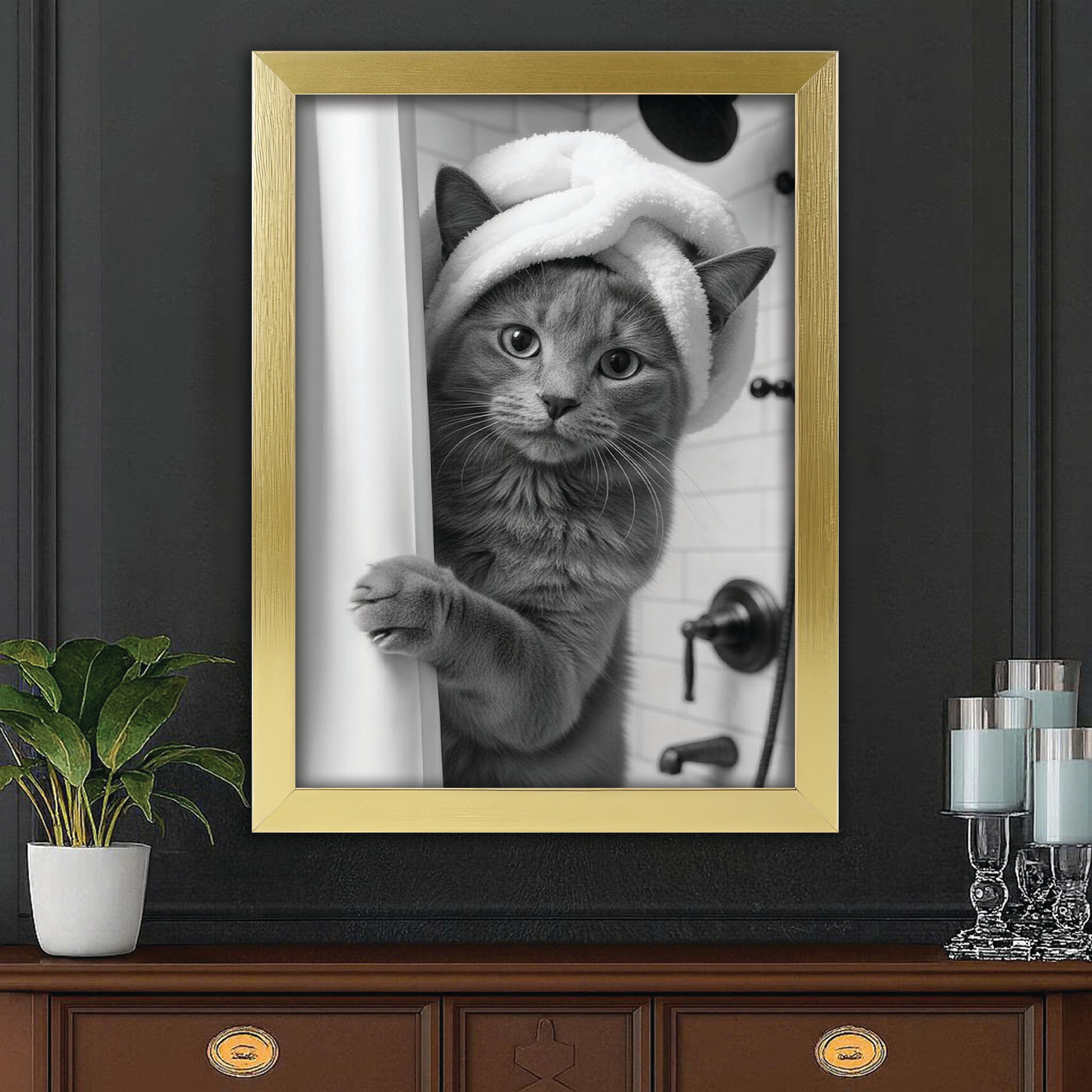 Custom Photo Cat Bathroom Canvas Framed Wall Art Gift For Cat Lovers