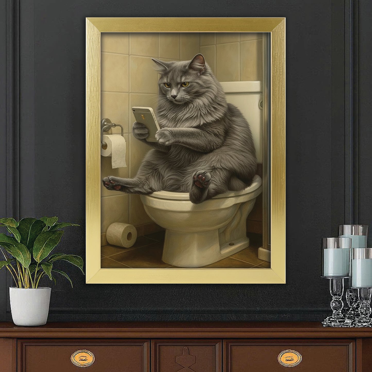 Custom Photo Cat Bathroom Style 3 Canvas Framed Wall Art Gift For Cat Lovers