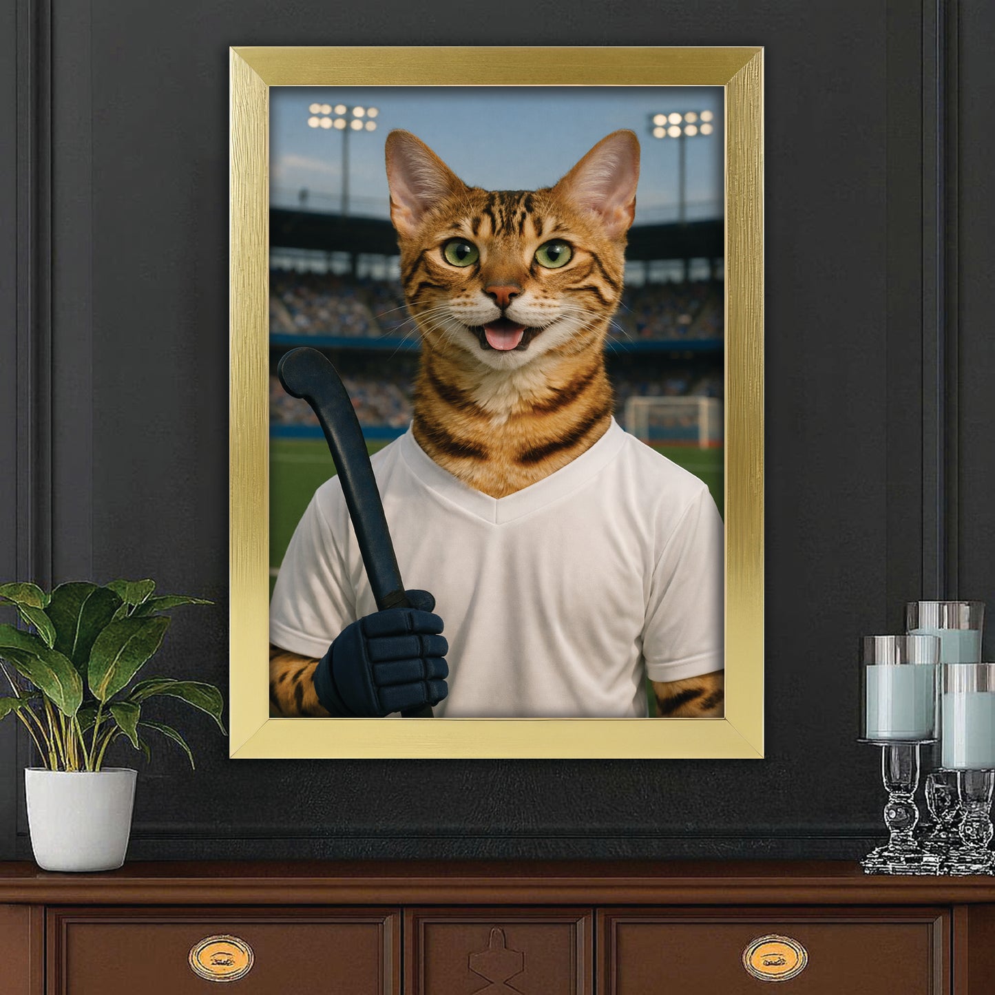 Custom Photo Field Hockey Cat Canvas Framed Wall Art  Gift For Cat Lovers