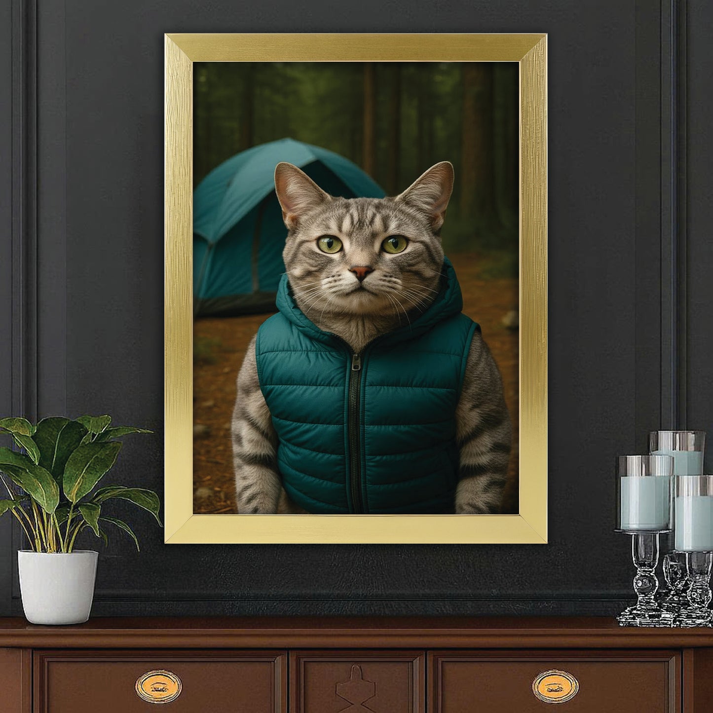 Custom Photo Cat Camping Canvas Framed Wall Art  Gift For Cat Lovers