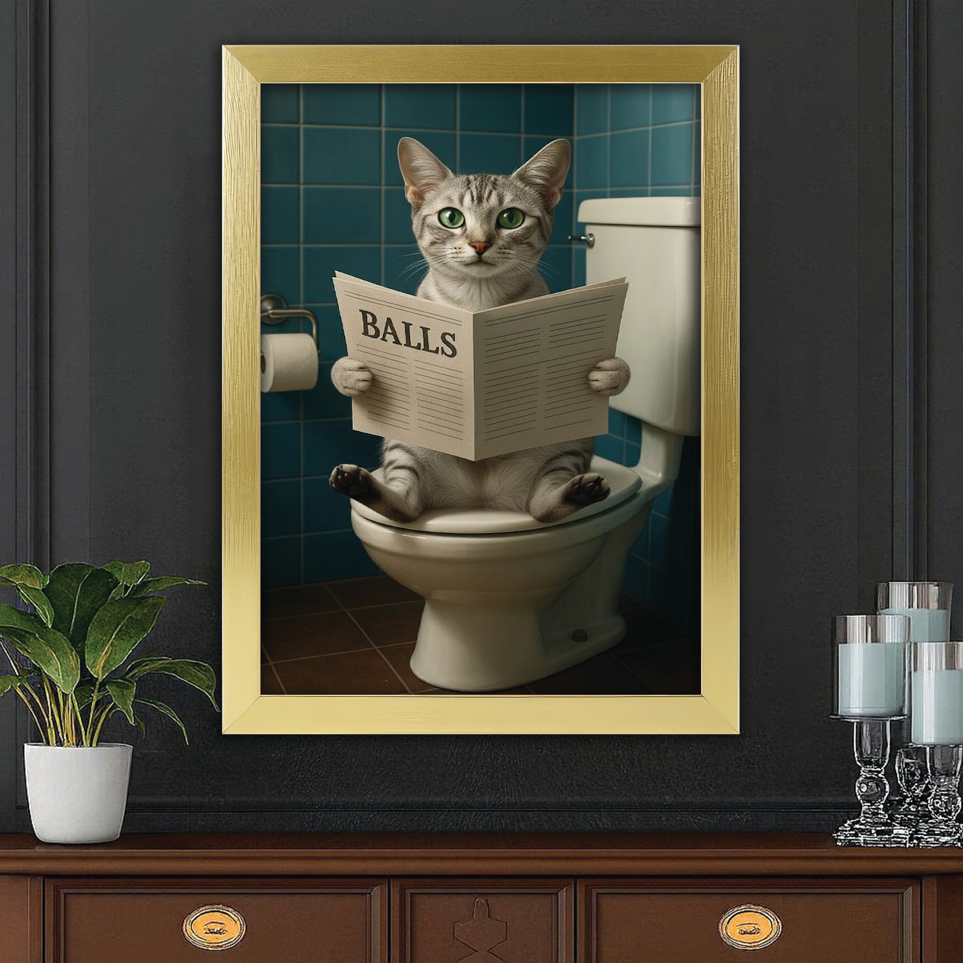 Custom Photo Cat Bathroom Style 7 Canvas Framed Wall Art Gift For Cat Lovers