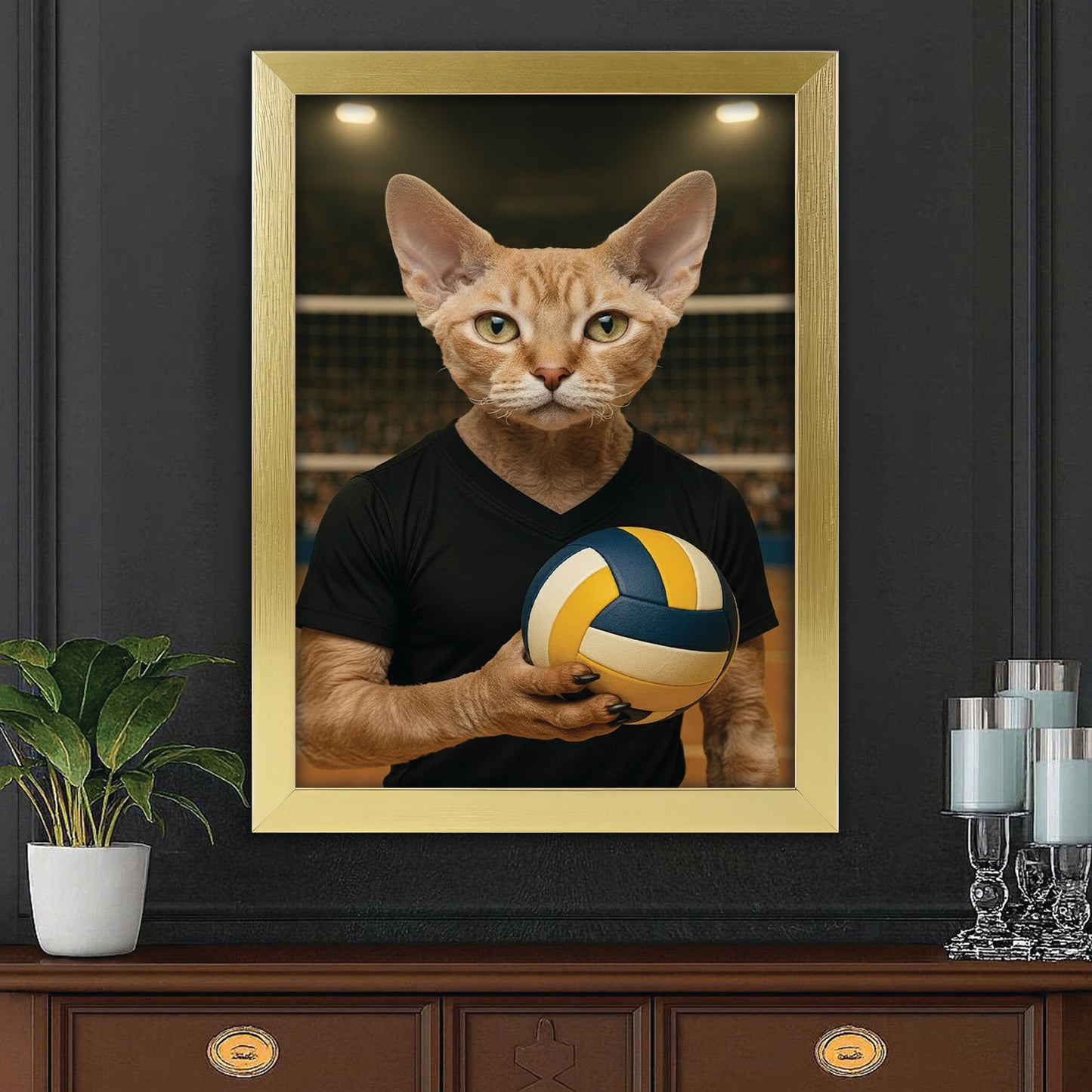 Custom Photo Volleyball Player Cat Canvas Framed Wall Art Gift For Cat Lovers