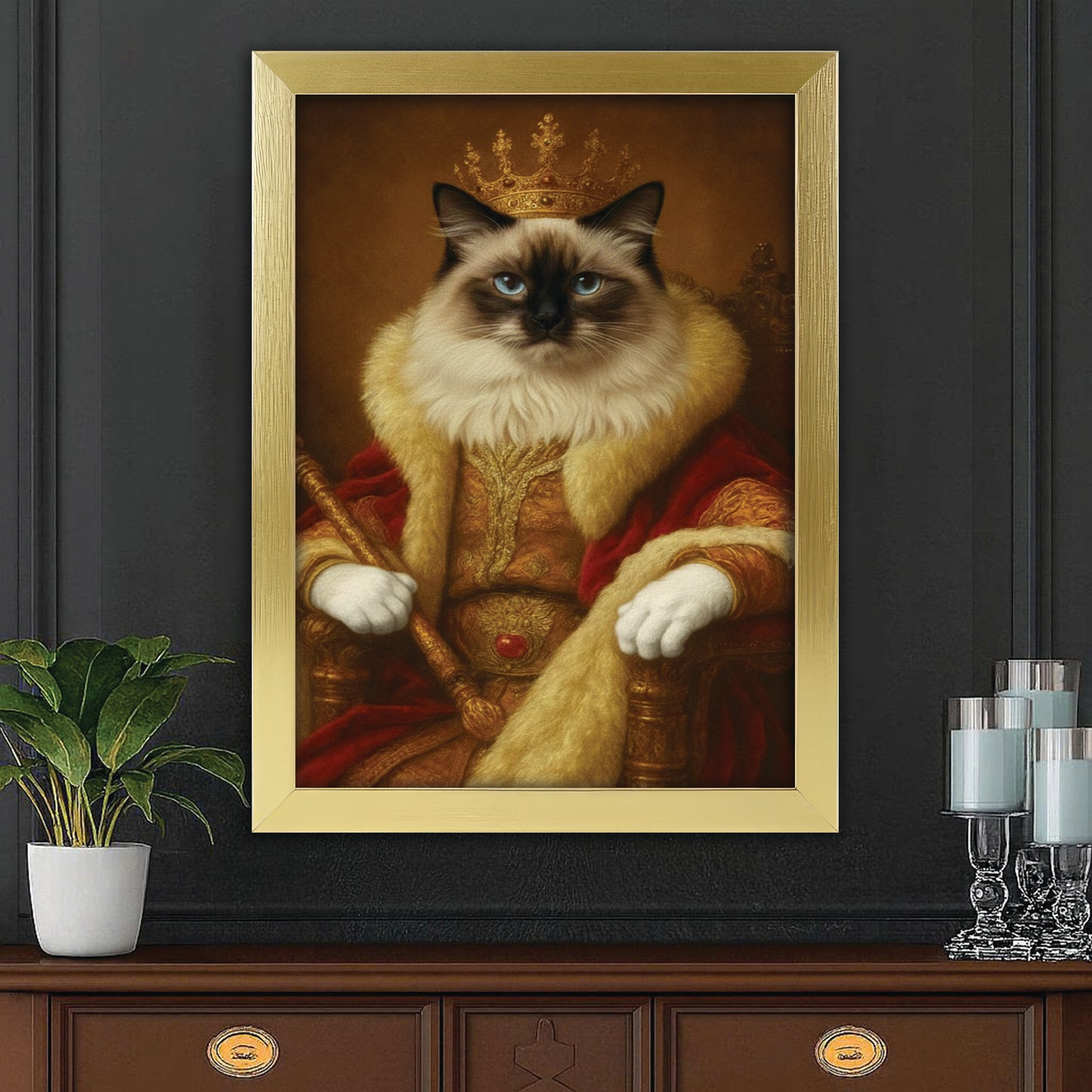 Custom Photo King Royal With Crown Cat Canvas Framed Wall Art Gift For Cat Lovers