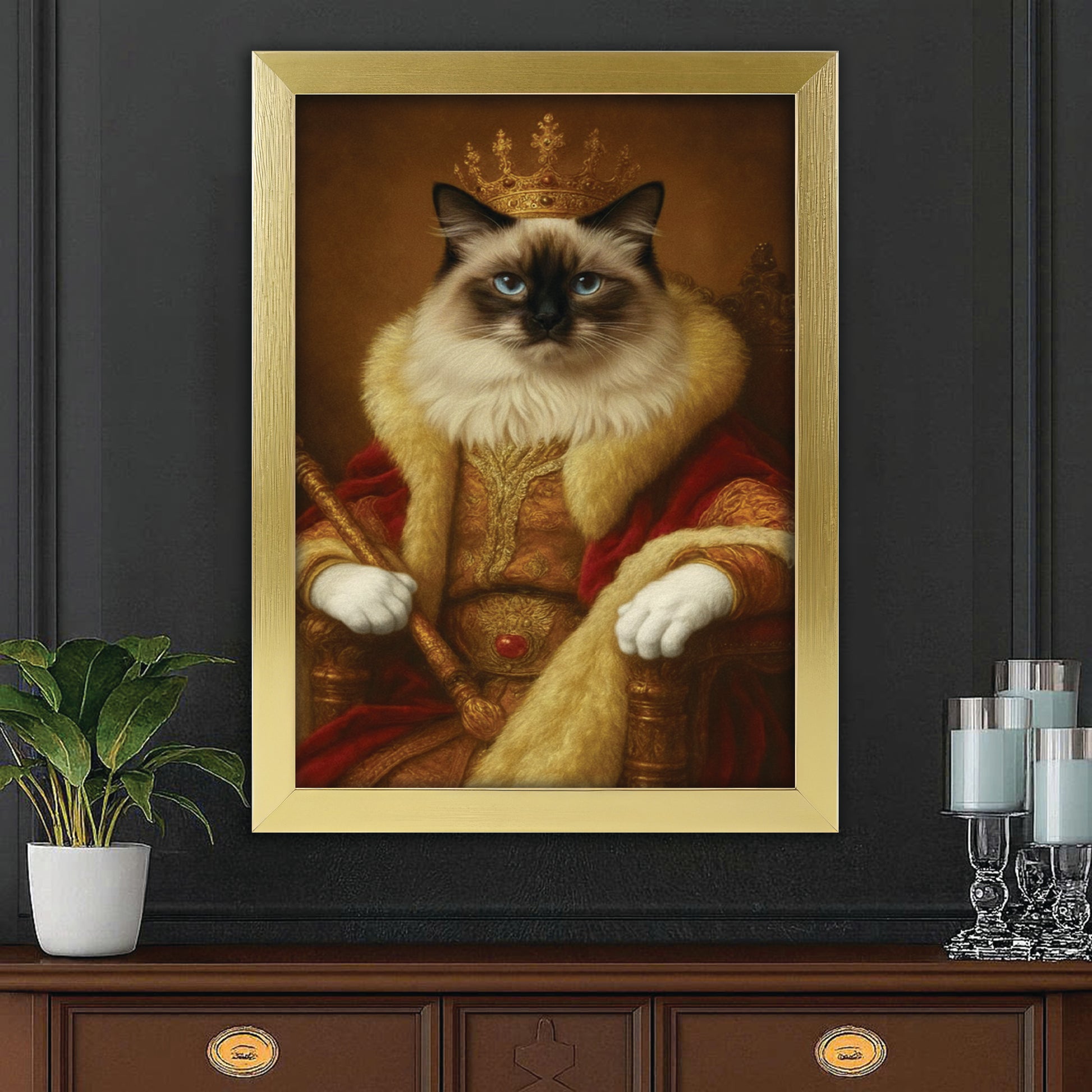 Custom Photo King Royal With Crown Cat Canvas Framed Wall Art Gift For Cat Lovers