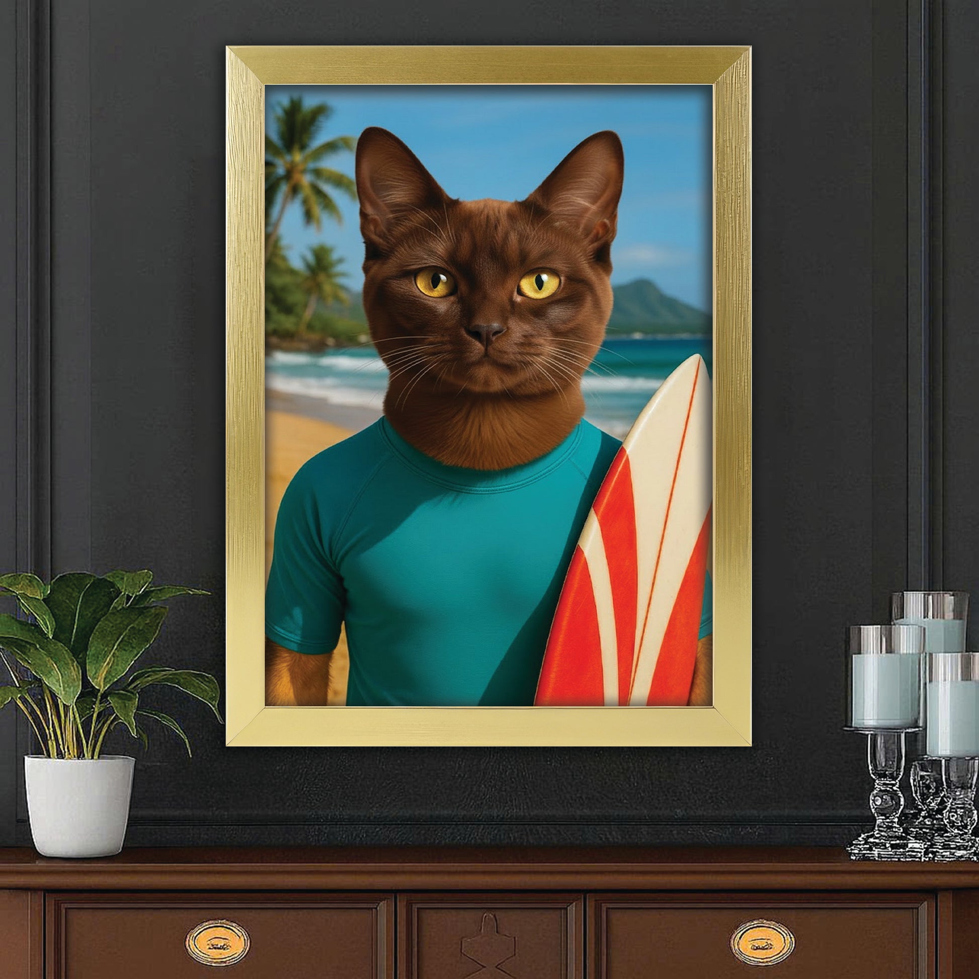 Custom Photo Surfer Beach Cat Canvas Framed Wall Art Gift For Cat Lovers