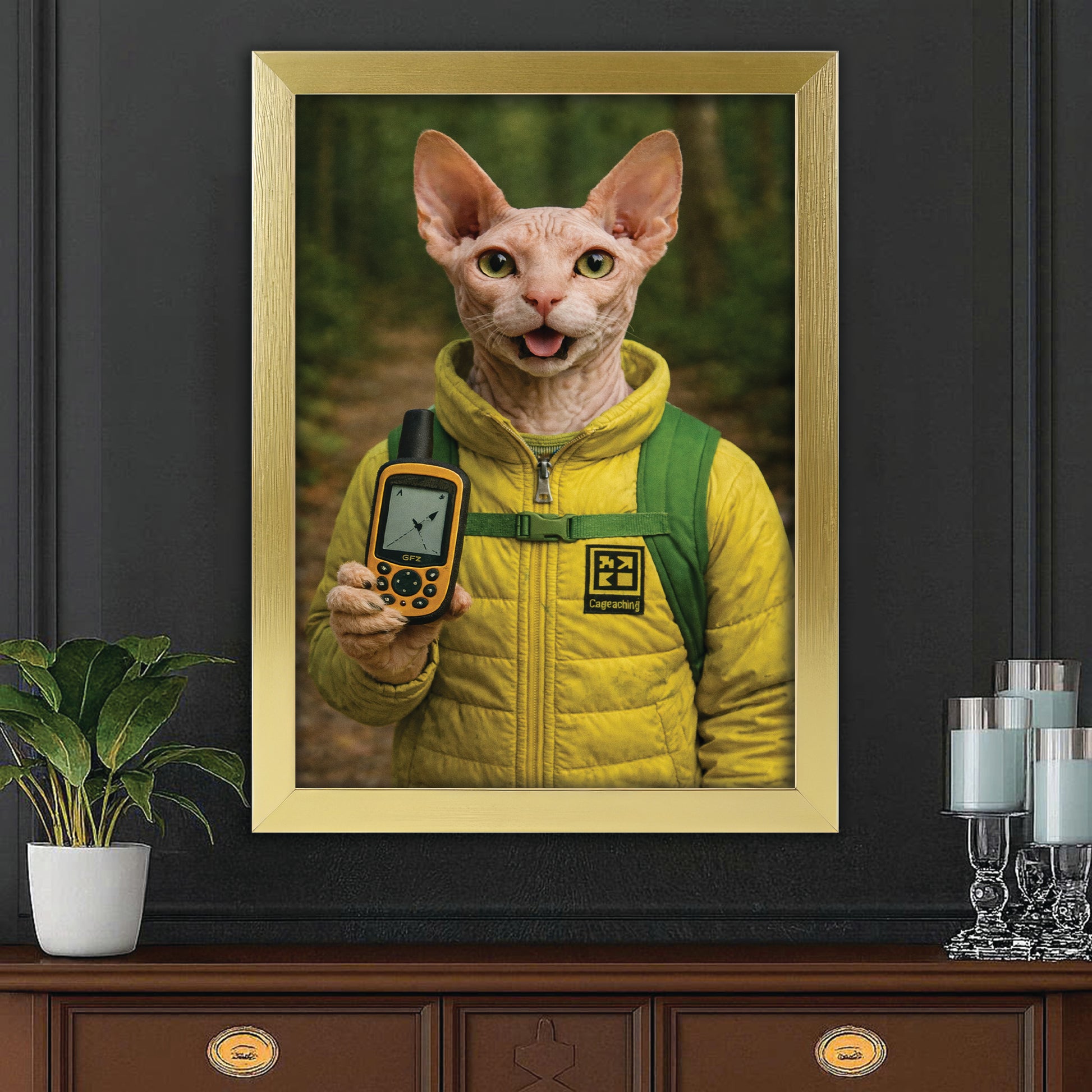 Custom Photo Geocaching Gps Adventure Cat Canvas Framed Wall Art  Gift For Cat Lovers
