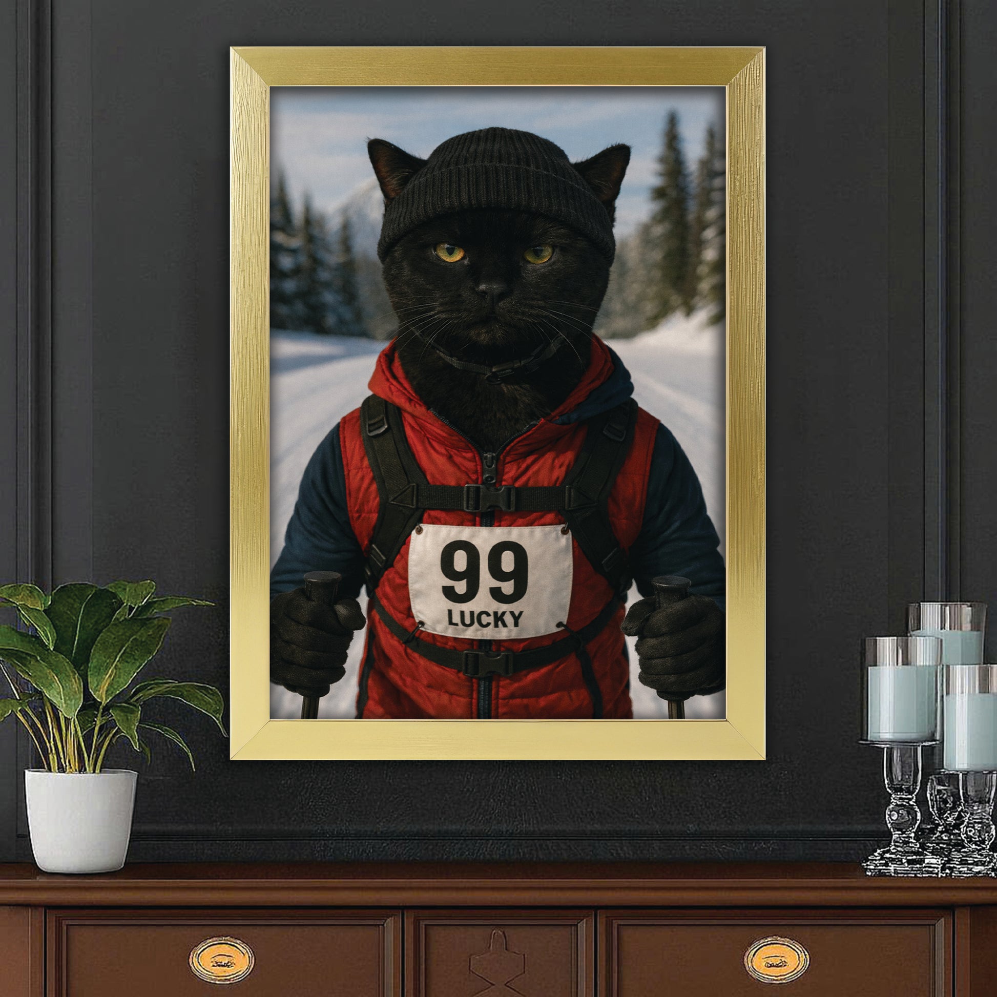 Custom Photo Cross Country Ski Cat Canvas Framed Wall Art Gift For Cat Lovers