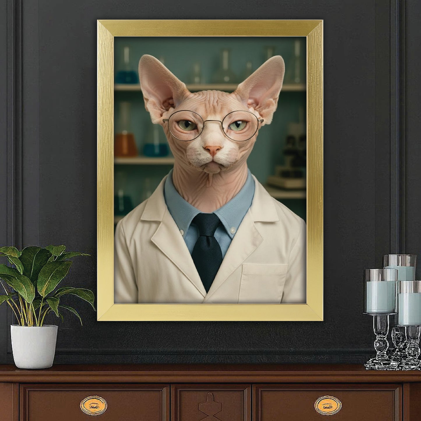 Custom Photo Scientist Cat Canvas Framed Wall Art Gift For Cat Lovers