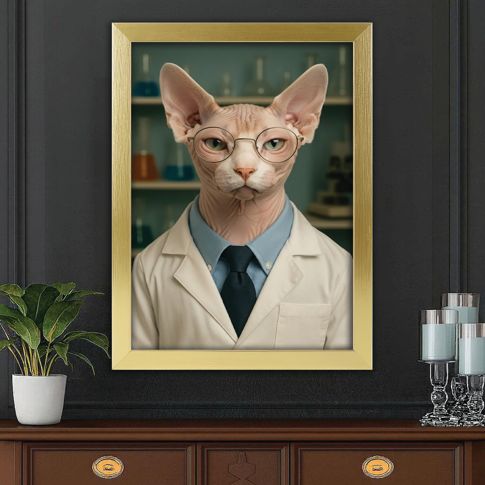 Custom Photo Scientist Cat Canvas Framed Wall Art Gift For Cat Lovers